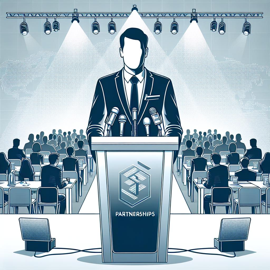 Create a 2D, vector style illustration in corporate flat design style. The image depicts an unidentifiable male figure in a suit, who serves as the new Senior Vice-President of Partnerships, speaking at a tech conference. He is characterized by his enthusiasm towards media and technology partnerships. The background consists of a white and texture-less conference scenery filled with interested attendees and stage lights. Positioned somewhere in the image is a sleek modern laptop, representing the technological aspect of his work. Also include subtly-displayed logos of generic tech companies, symbolizing his corporate affiliations.