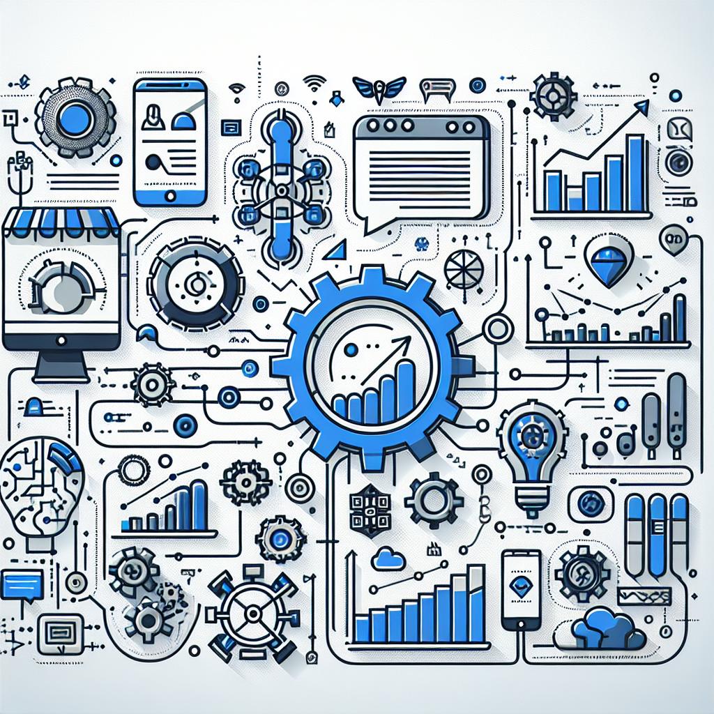 Create a 2D, linear vector illustration in a flat, corporate style on a white, untextured background. The focal point of the image should be a representation of digital transformation in advertising. Show charts and graphs symbolizing growth in campaign results, icons signifying machine learning technology, which embodies the technology used by an artificial hypothetical growth acceleration platform called 'Cortex'. Include additional elements such as a blue background in a portion of the illustration, signaling a sense of technology and innovation, and network elements to depict the connectivity and reach of mobile advertising campaigns.