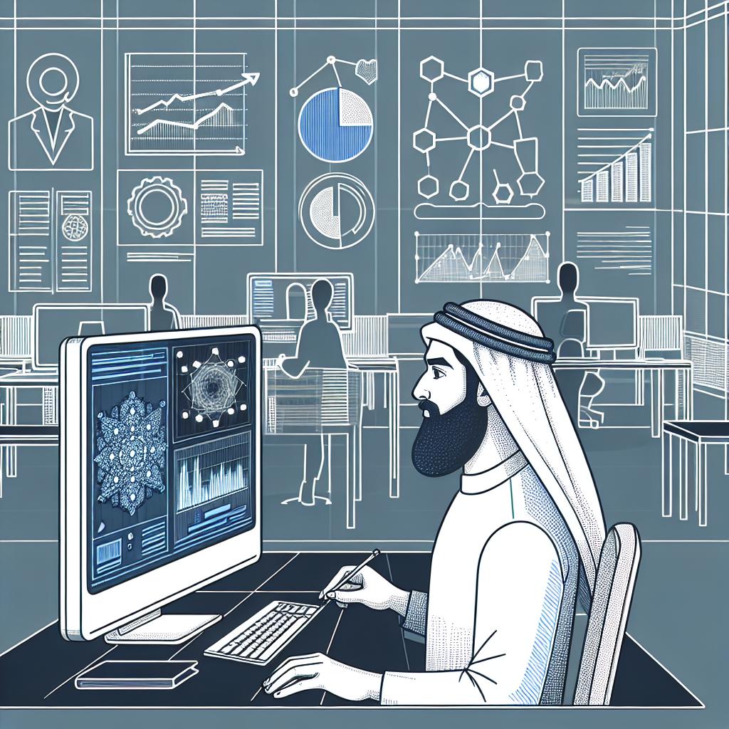 Create a 2D, vector-style, corporate image with a flat white, texture-free background. In the foreground, illustrate a Middle-Eastern developer analyzing data on a computer, representing technological advancement and software development. The computer screen visibly displays various charts and statistics, symbolizing data analysis and the use of Artificial Intelligence. Surround the character with a modern office environment, which implies an atmosphere of innovative exploration. Keep lines linear for simplicity.