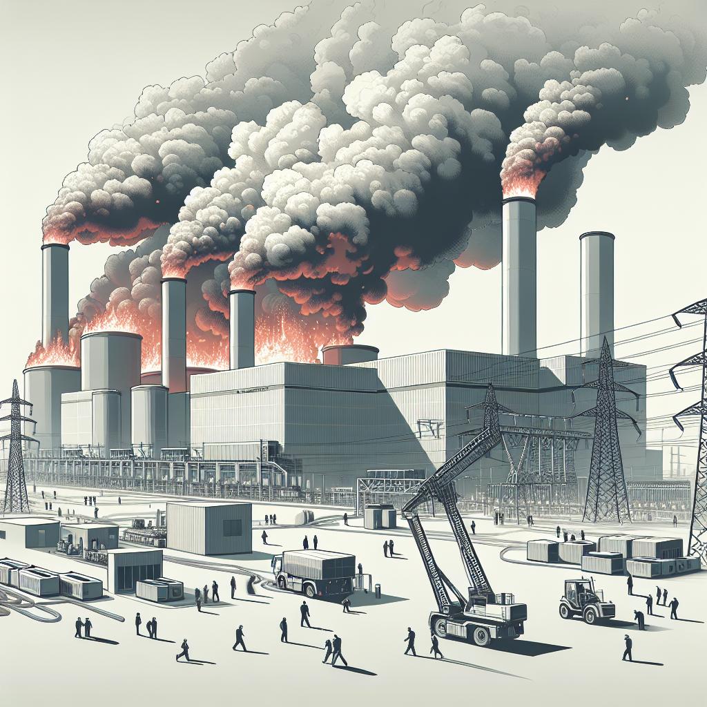 Create a 2D, linear perspective image in a corporate, flat vector style. The image is set against a white and textureless backdrop and illustrates a significant fire that broke out at the world's largest grid-connected battery installation--the Moss Landing Power Plant--on January 16, 2025. In the background, smoke is billowing upwards, emanating from the battery plants, which symbolize the central subject of safety discussions surrounding this technology. Foreground elements include residents hastily evacuating the scene, underscoring the local community's impact, and visible electrical tension highlighting modern-day energy infrastructure's connection.