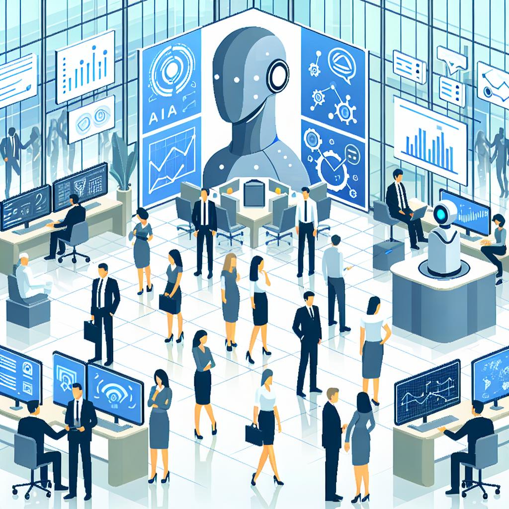 Illustrate a picture encapsulating a futuristic office setting where autonomous AI agents are in action, assisting employees of diverse descents and genders with various tasks. The office environment should be modern and incorporate technology, with large screens displaying data and graphs as symbols of the impact of AI agents on business decisions. Highlight the interaction between humans and AI, portraying the collaboration between the machine and workers. Utilize a vector, flat, and corporate style, using a perspective that is 2D and linear. The overall color scheme should consist primarily of shades of blue and gray to instill a technological and forward-thinking sentiment. Pepper the image with icons symbolizing productivity to portray the efficiency and effectiveness resulting from automation. The illustration should be set against a white and textureless backdrop.