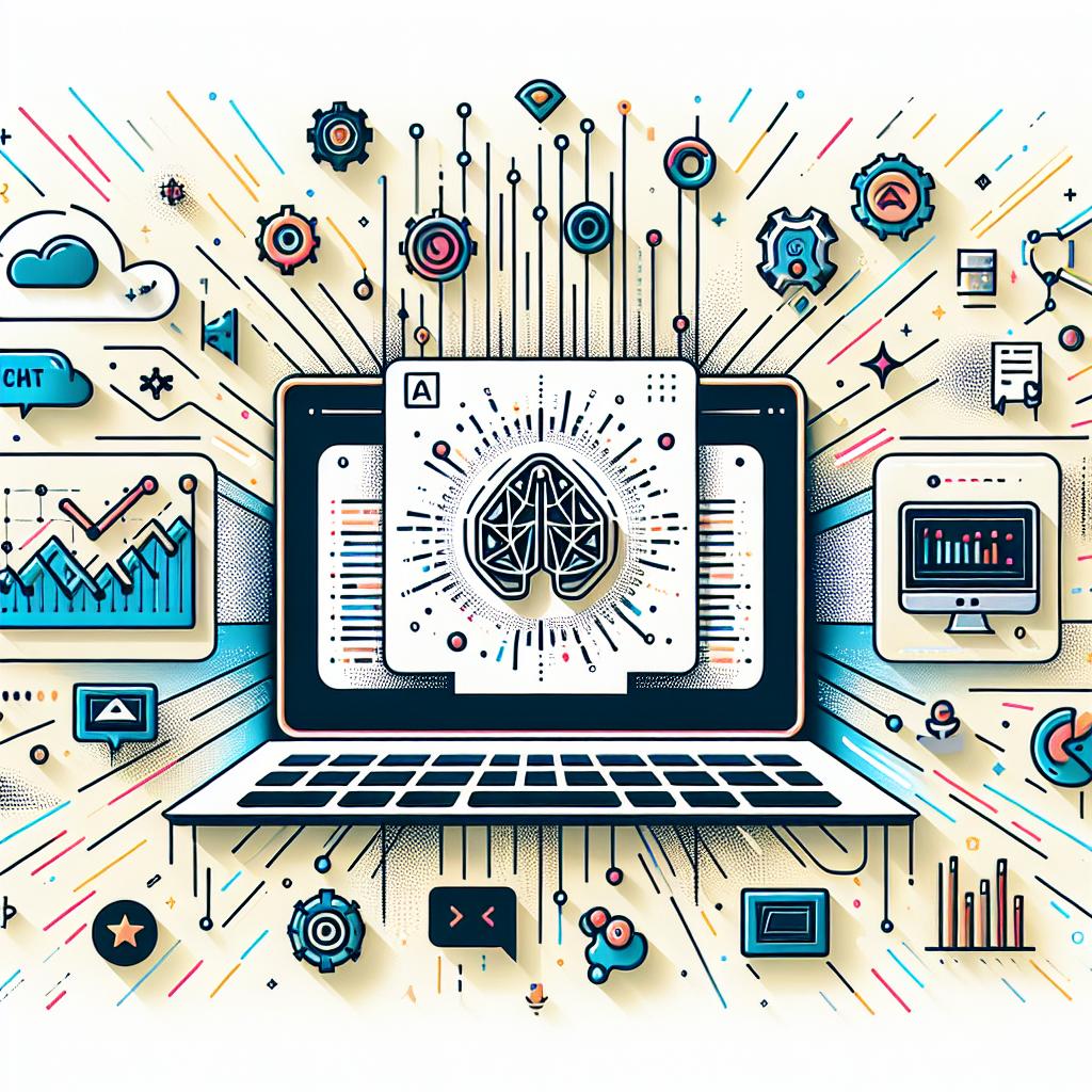 Visualize a flat, 2D, corporate-styled illustration, featuring a white and textureless background. At the center, a laptop is open, presenting the Codeium interface, a symbol of the Codeium platform. Surrounding the laptop are graphic elements representing AI and collaboration, which include chat icons to symbolize communication features and performance graphs signifying the efficacy of their new tools. The area behind these elements bursts with color, a method of conveying innovation and dynamism. It's the October of 2023, the time when Codeium announces significant enhancements and releases to their platform such as the introduction of 'Codeium Teams', a novel SaaS service tier targeting teams and small businesses, and myriad upgrades to their chat tools plus improved performance in their AI models.