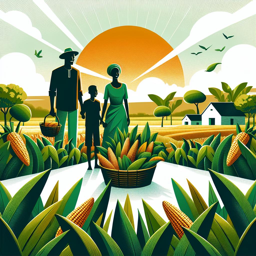 A vector-styled, flat, and corporate, 2D perspective image over a white and textureless background. It captures a healthy harvest of traditional African crops in a field at sunset, symbolizing hope and renewal amidst the escalating food insecurity in the continent. The field, luxuriant with green crops, signifies the fertility and potential of these traditional cultures. Hovering on the horizon is a golden sun setting, casting hopeful rays that signify new opportunities. Centric to the image, illustrate a family of farmers - a Black man, a Hispanic woman, and their Middle-Eastern child, indicative of the community's collective effort. They are seen around a harvest basket overflowing with indigenous crops, symbolizing the region's abundance.