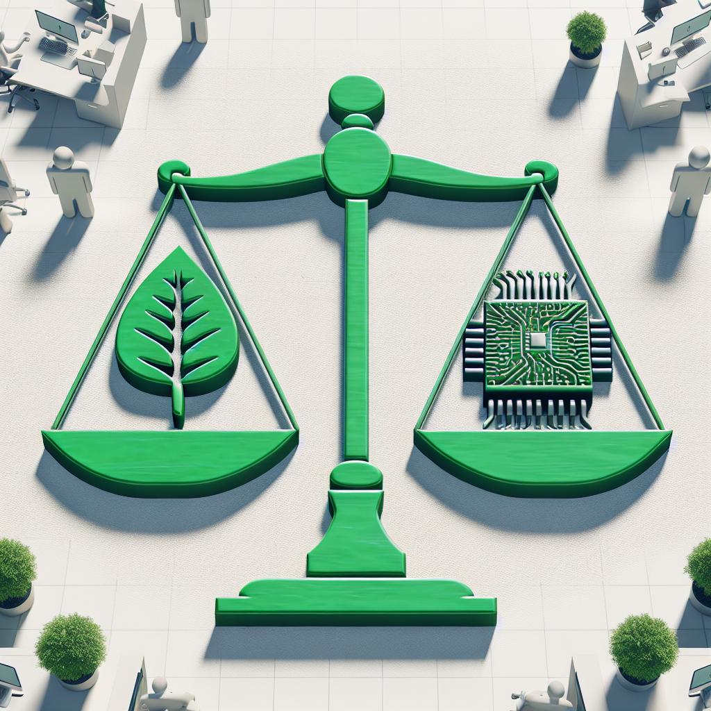 Create a 2D, vector-styled, corporate image with a white, textureless background. It should feature a symbol for sustainability, such as a green leaf, and a symbol for artificial intelligence technology, such as an AI chip, balanced on a scale. The balance between both represents the challenges corporate executives face in learning about and adopting AI tools while keeping green initiatives. The backdrop should indicate a corporate environment where these issues are being discussed.