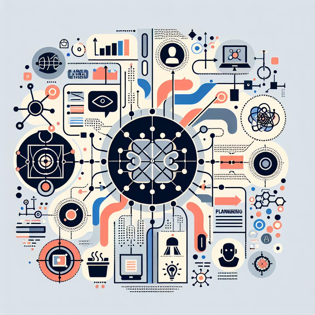 A vector, flat, corporate-style 2D illustration on a white, untextured background. The image conceptually represents the interconnection between reasoning and planning in Artificial Intelligence (AI), particularly in large language models (LLMs), and how this is revolutionizing problem-solving in applications ranging from personal assistants to autonomous robots. The visual conversation is accomplished through contrasting diagrams that clearly depict the methods and techniques used in AI. Supplementary elements like diagrams illustrate the interlinking between reasoning and planning, contrastive colors to facilitate easy perceptibility of the concepts, and technology icons to depict real-world applications.