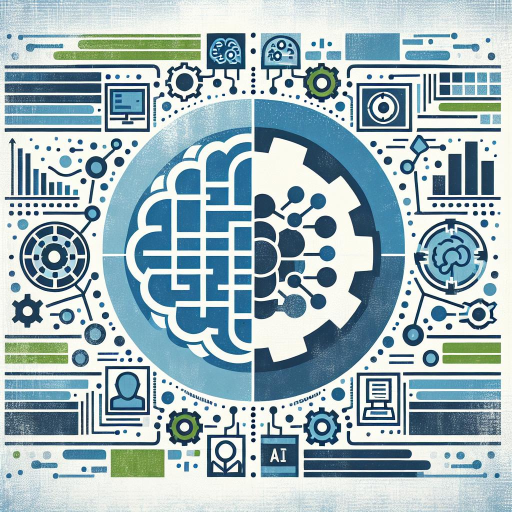 Create a 2D, flat, corporate style illustration symbolizing the concept of Hybrid AI in the field of artificial intelligence. The image should have an interaction of different AI models on a white, textureless background signifying synergy and collaboration between technologies. Include visual representations of a generative model to depict Generative AI and a machine learning model to signify traditional AI methods. Apply shades of blue and green color scheme in the design to portray innovation and confidence. Also, incorporate subtle background graphics and data symbols to illustrate analysis and results.
