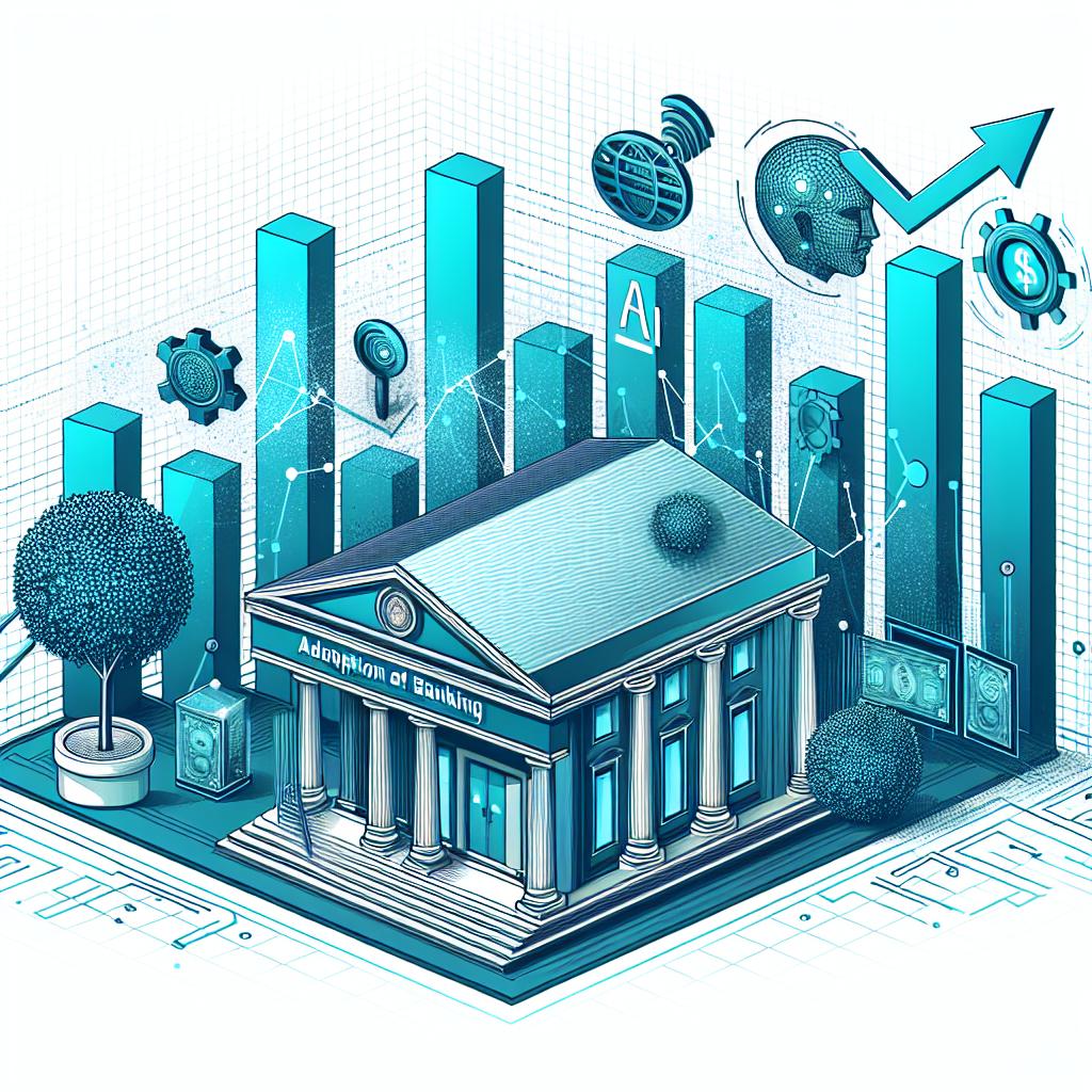 Create a 2D, flat, corporate-style illustration on a seamless white background, capturing the adoption of AI in the banking sector. The main aspect is a non-specific banking institution, leading the industry with a growing number of talent in AI. The bank's growth should be symbolized by rising graphs in the background. Instead of including a real bank's logo, showcase a generic logo, indicative of a leading bank. Use shades of blue and green to associate with technology and finances. Include digital depictions to highlight AI innovation. Please make sure the image is vectorial with a linear perspective.
