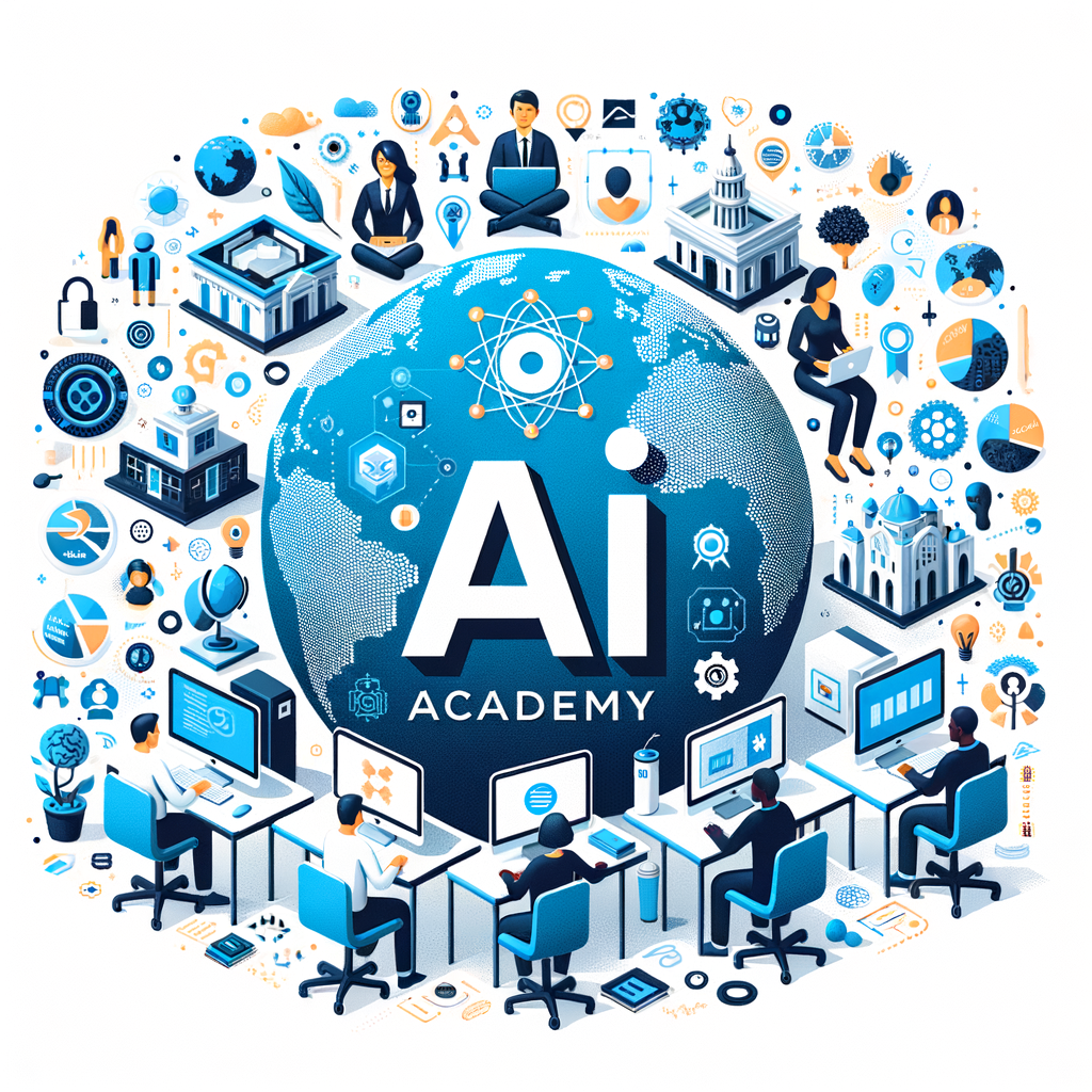 Generate a corporate style, flat, vector 2D illustration over a white, untextured background. The image represents the OpenAI Academy, showing a world map indicating the global reach of the program, with AI icons symbolizing artificial intelligence. Around the map are figures representing software developers: a Caucasian man, a Hispanic woman, a Black man, and a Middle-Eastern woman, who are all depicted working on computers. Diverse communities are symbolized through various recognizable architectural and natural elements from around the world. Finally, the OpenAI logo is prominently displayed to identify the initiative.