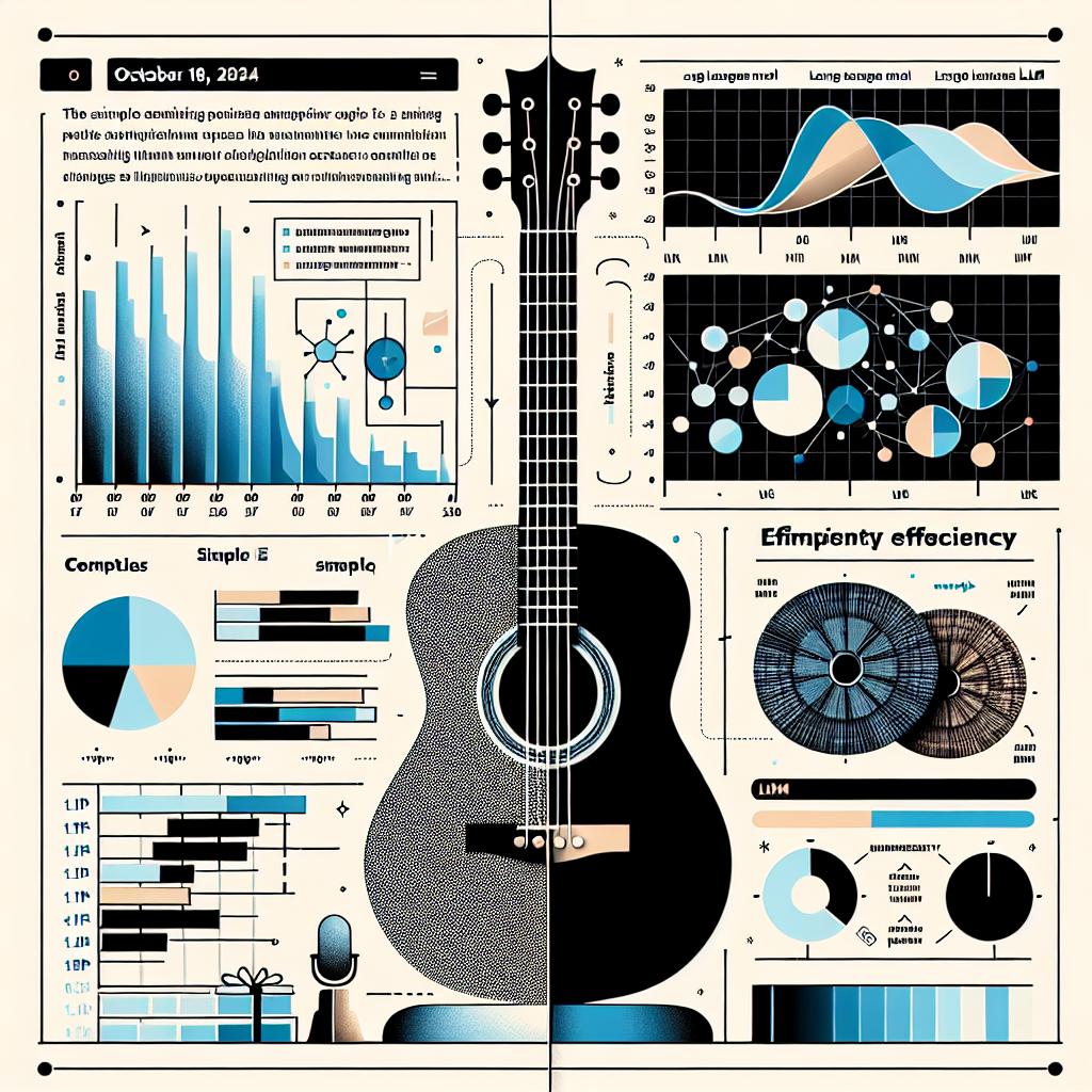 Illustration set on October 18, 2024, highlighting the concept of Occam’s Razor as exemplified by a simple AI model versus complex Large Language Models (LLMs), set against a backdrop of complex LLM graphics. In the middle, a guitar pick symbolizes the simplicity and efficiency of the proposed model. The image has a corporate 'flat' vector style, with white, texture-less background and linear 2D perspective. Complementing elements include the guitar pick symbolizing the simple approach, graphs of LLMs representing the current complexity, sober colors to represent the seriousness of the topic and informative text providing a brief description of efficiency.