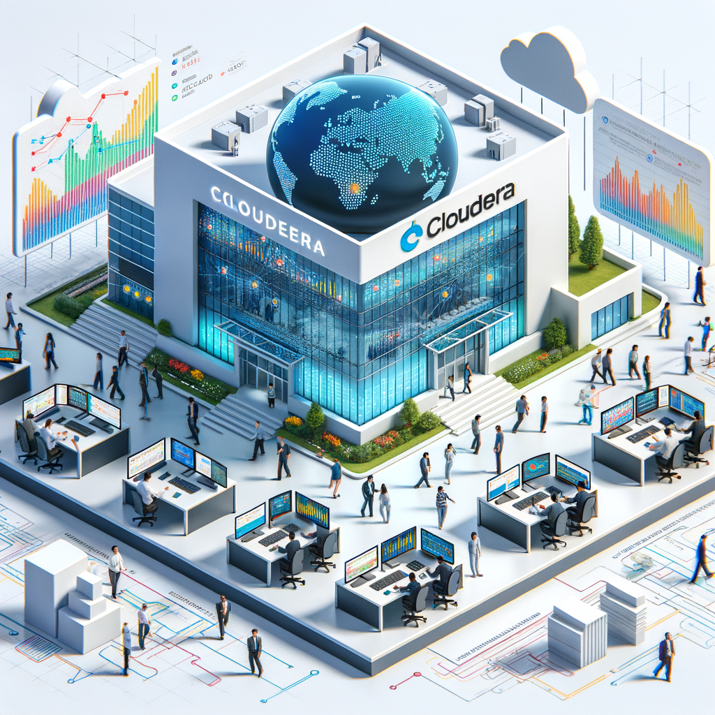 Render an image in a flat, vector, and corporate style, influenced by the era of Linear perspective. The scene takes place on a white, textureless background. It shows a modern building symbolizing Cloudera's Center of Excellence in Bangalore, established in 2014 and fundamental to the company's global strategy. Inside the building, engineers of diverse descents and genders are actively working on computers which display vibrant data graph, indicating the focus on Artificial Intelligence and data analysis. Additional elements include a world map with interconnecting lines showing the center's global influence, and the un-named company's logo.
