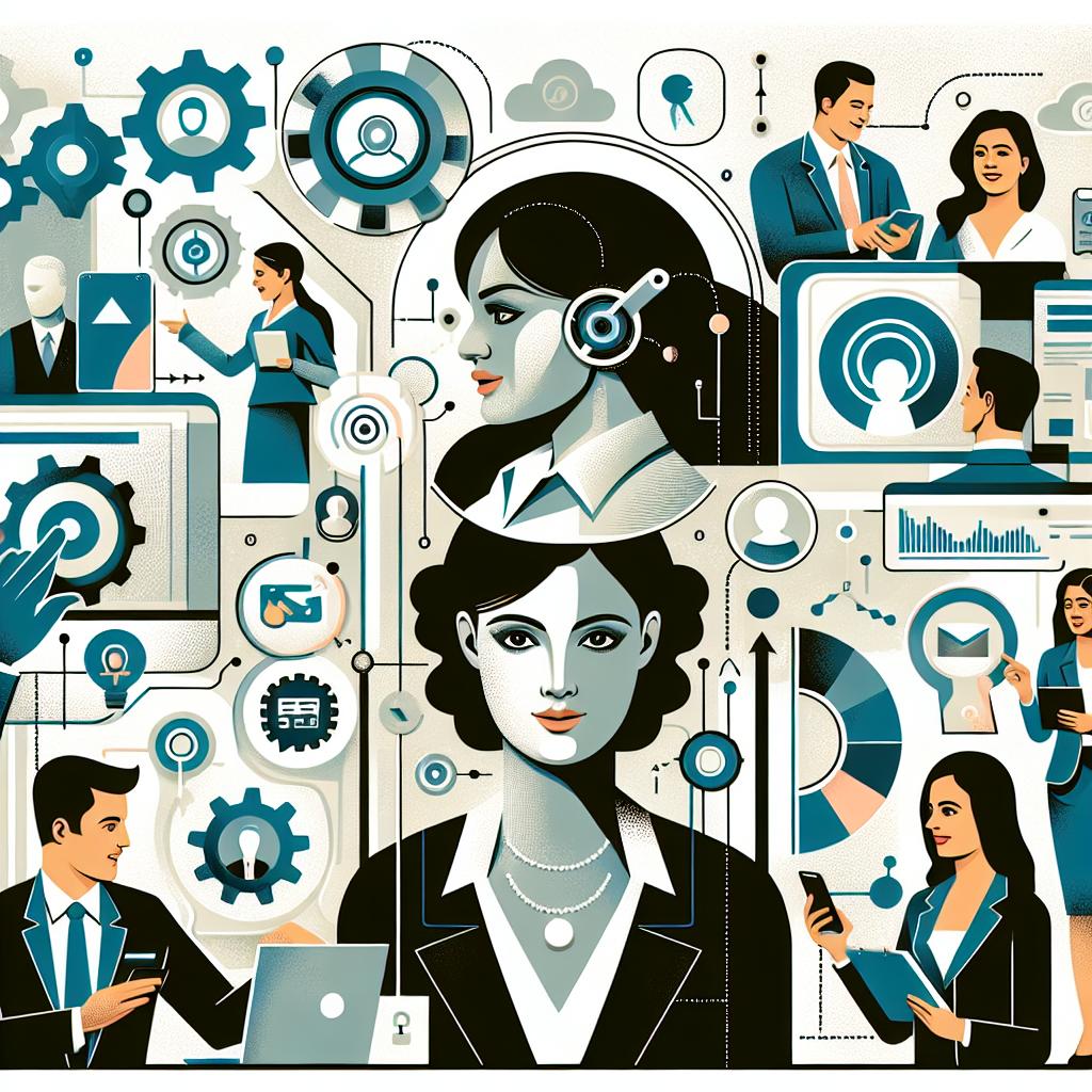 Envision a flat, vector-style, corporate two-dimensional illustration set in a professional, technological setting with a white, textureless background. It features South Asian female and Caucasian male sales representatives interacting with technology, such as computers representing the integration of technology in sales and mobile devices symbolizing accessibility and the use of videos in communication. Also depicted are people in conversation, emphasizing human interaction as the foundation for lead relationships. The overall image should underscore the impact of personalization in the sales process, highlighting the importance of artificial intelligence-fueled automation and personalization in a competitive landscape.