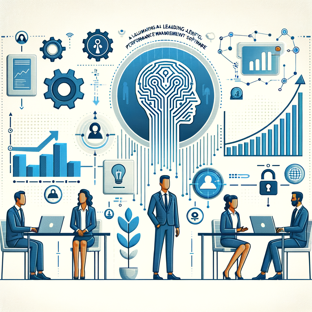 Create a corporate-style 2D image on a white, untextured background. The image should be in a flat, vector design. Central in the image place an unspecified logo, symbolizing a leading performance management software company. Beside the logo, incorporate an artificial intelligence icon, representing the use of AI in new tools. In the background, integrate a performance chart indicating an upward trend, suggesting improvement in performance management. Include a lock symbol to represent data security and privacy. Also include an illustration of a manager, who is Hispanic female, and an employee, who is a Middle-Eastern male, interacting, emphasizing the human aspect of innovation.