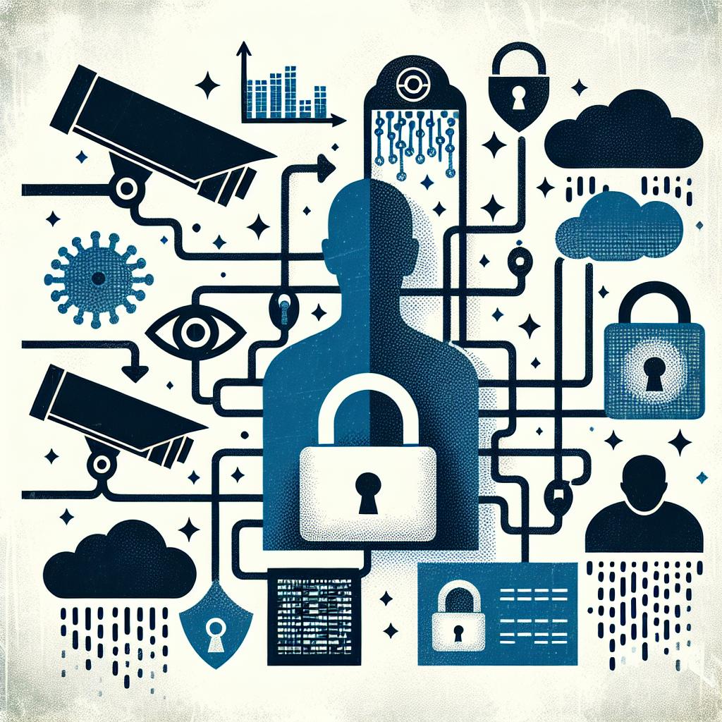 Design an illustrative, vector styled, two-dimensional flat corporate image on a white, texture-less background. This image depicts the intersection between surveillance technology and social control. The elements involved are cameras, algorithms, a padlock, and a human silhouette that are symbols of constant surveillance, data manipulation and control, loss of privacy and the individual affected by surveillance respectively. Additionally, a cloud of smoke is incorporated to suggest the opacity and lack of clarity in surveillance practices.