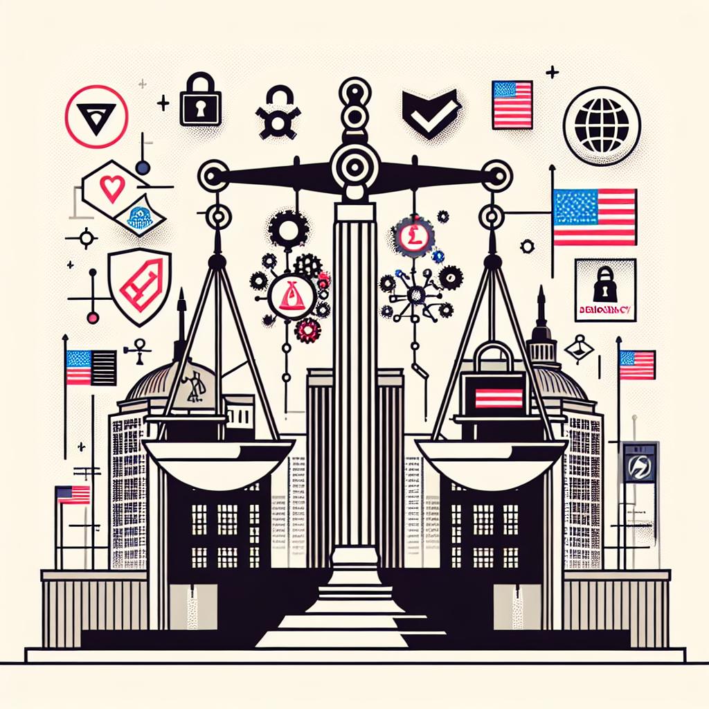 Create a vector-style, corporate and flat image. The image should represent the clash between technology and democracy. Set it in a 2D, linear perspective on a white and textureless background. Include some icons symbolizing the presence of tech companies reminiscent of Silicon Valley. Also include democratic flags signifying the fight for democracy. Insert a padlock symbol to illustrate the demand for regulation. And a balance, representing the justice and balance between innovation and technological control.