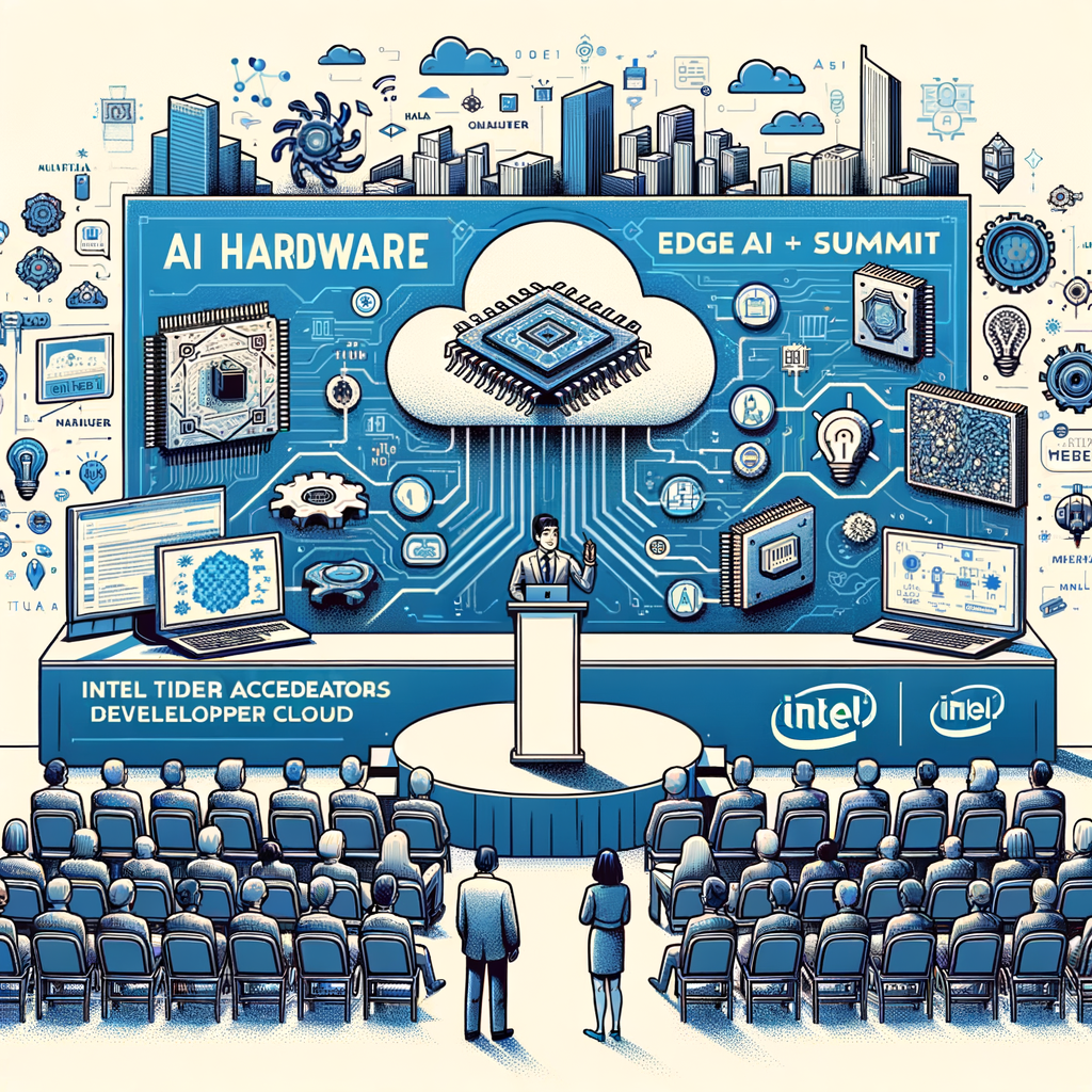 An illustration set in 2024 AI Hardware & Edge AI Summit, located in San Jose, California. The scene is 2D and linear, using a vectorial, flat and corporate style over a white, textureless background. A prominent figure, depicted as a cognitive AI scientist, is showcased presenting on the stage. Visual elements in the style of flat and corporate illustrations represent the the AI accelerators as circuit boards or chips. Multimodal models are showcased by interconnected icons of text and image. Also, Intel Tiber Developer Cloud is indicated by a cloud with the Intel logo. Collaboration is denoted by icons of a handshake or two avatars.