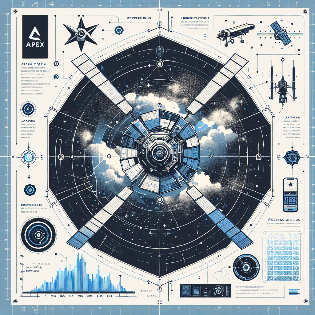 An image in 2D, linear perspective showing a vectorial, flat, and corporate style illustration. We see a satellite in orbit with a graphic representation of Apex's satellite bus and elements of defense technology, like drones and control systems. The background displays a star-filled space, symbolizing the vastness of space and the opportunities for exploration. Additionally, there are data graphics illustrating technologies for processing data present across the scene. Please note that the logos of Anduril and Apex are needed for company identification, but they should appear stylized and not represent the exact logos of the companies. A plain, untextured white background is preferred for this image.