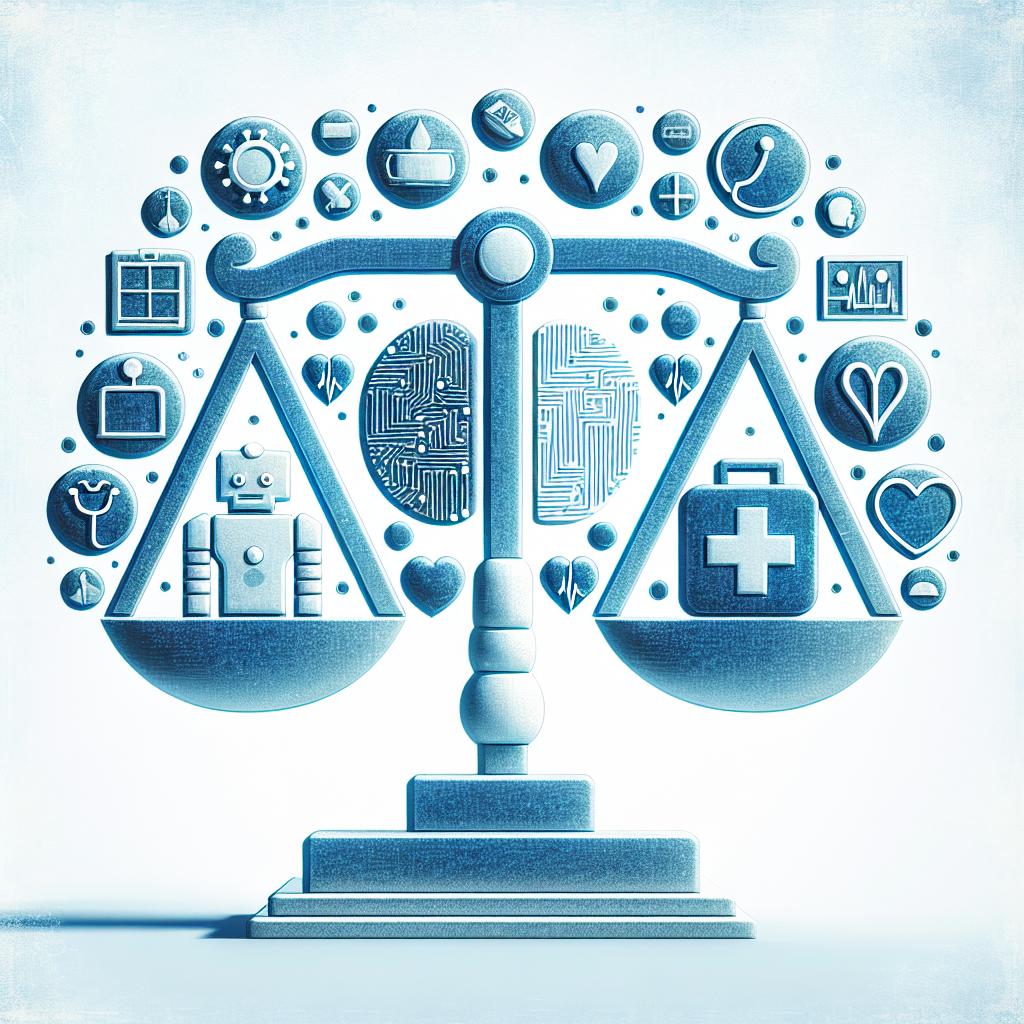 Envision a 2D, vector-styled and flat illustration in a corporate manner. This image should be set against a white, textureless backdrop. In the center, there's a balance scale symbolizing justice and ethics. On one side of the scale, place icons representing artificial intelligence, such as electronic circuits and a robot. On the other side, illustrate health-related icons like a medical cross and a stethoscope. The overall hue of the image should have a gentle blue tint, signifying tranquility and trust.