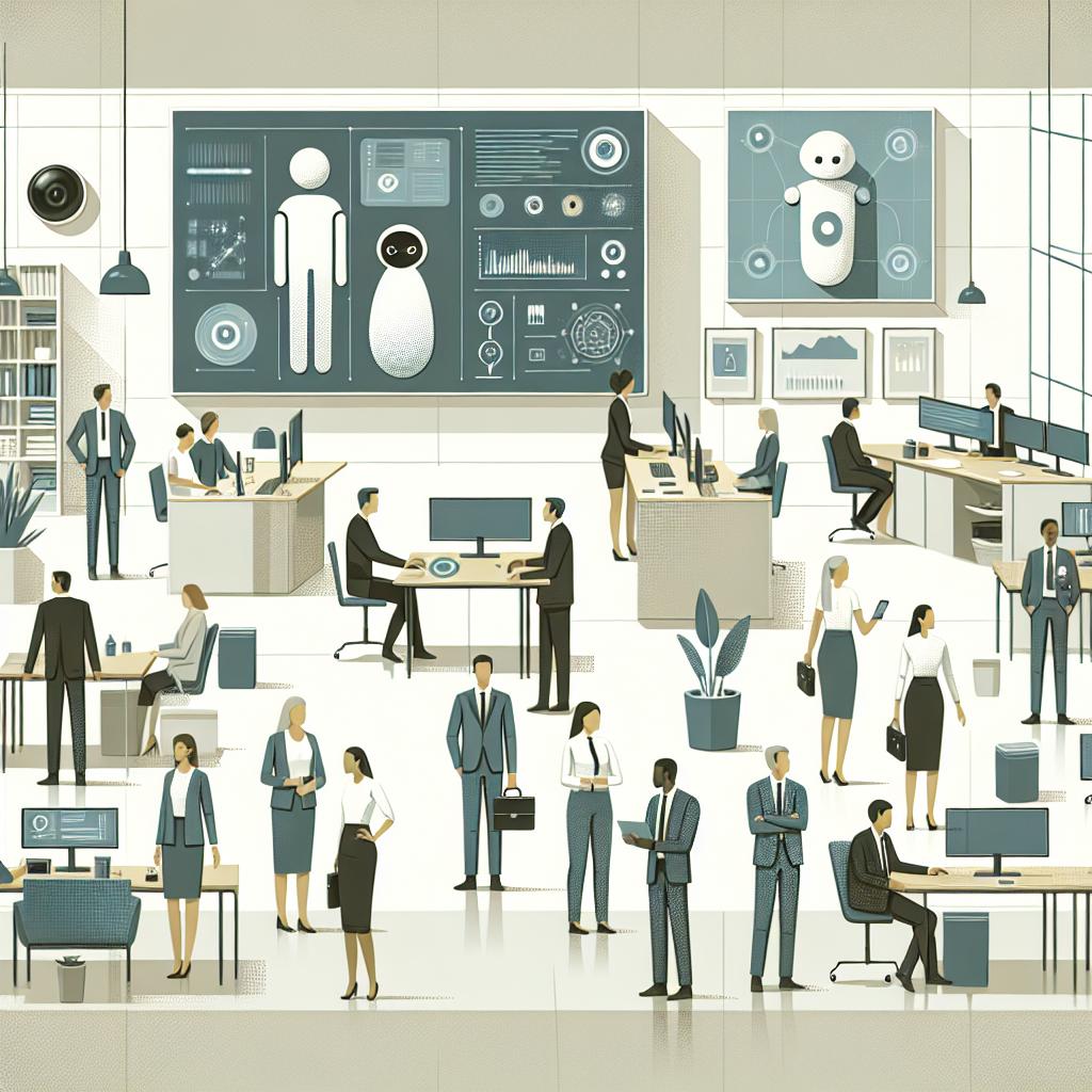 Create a 2D, flat, corporate-style, vector illustration. The setting is a modern office environment with a plain, white, textureless background. The office is filled with employees from varying descents such as Caucasian, Hispanic, Middle-Eastern, and Black. There are both male and female workers, and they are utilizing artificial intelligence (AI) devices, including screen-based virtual assistants, wearable tech items, and cameras that monitor the space. The employees are seen collaborating and brainstorming, symbolizing the fusion of technology and workplace ethics. All of these elements are in neutral shades, with highlights in calming tones of blue and green, conveying tranquility and trust.