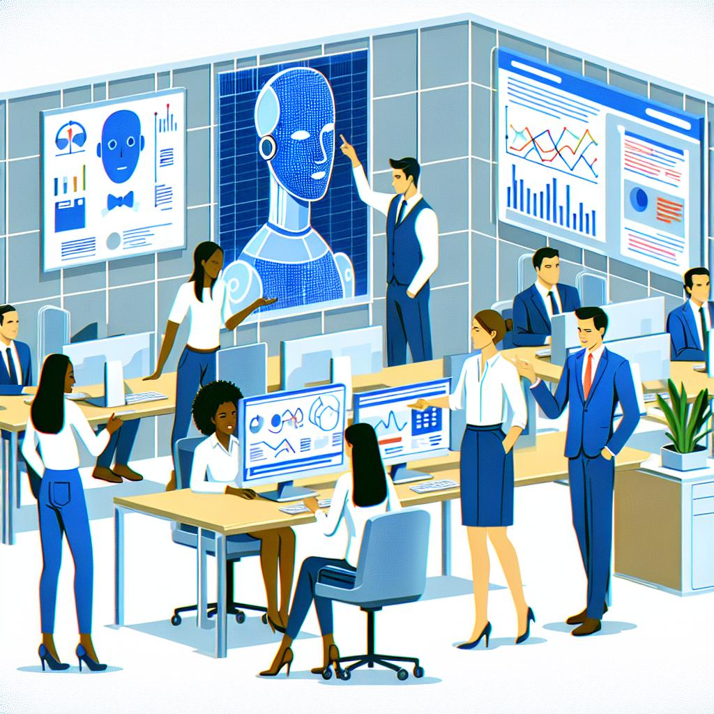 Create a 2D linear perspective image reflecting a modern corporate office setting, with employees interacting collaboratively and creatively with an artificial intelligence system. The office space includes computers and screens with data graphs, symbolizing the advanced technology in use. All the characters should portray diversity. Include an African worker explaining something on the computer screen, an Asian woman nodding in understanding, a Middle Eastern man gesturing towards a screen with a chart, and a Caucasian woman typing on her computer. The atmosphere should be modern, dynamic and evoke a sense of innovation. The image is to be designed in a vector, flat and corporate style. Please ensure the background remains white and texture-less.