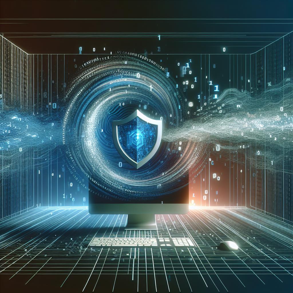 Envision a 2D, linear perspective image in a vector, flat, and corporate style, over a white, texture-less background. In the foreground, depict an illustration of a computer screen with moving code, representing the clash between cybersecurity and cyber threats, incorporating AI elements. The computer screen swirls with binary code signifying technology and cyber operations. A digital shield, symbolizing cybersecurity defense, emerges from the frantic lines of code. For the background, blend soothing blues and greens, conveying a feeling of safety and innovation, but contradict the calm with dramatic lighting to emphasize the urgency and intensity of the cyber battle.