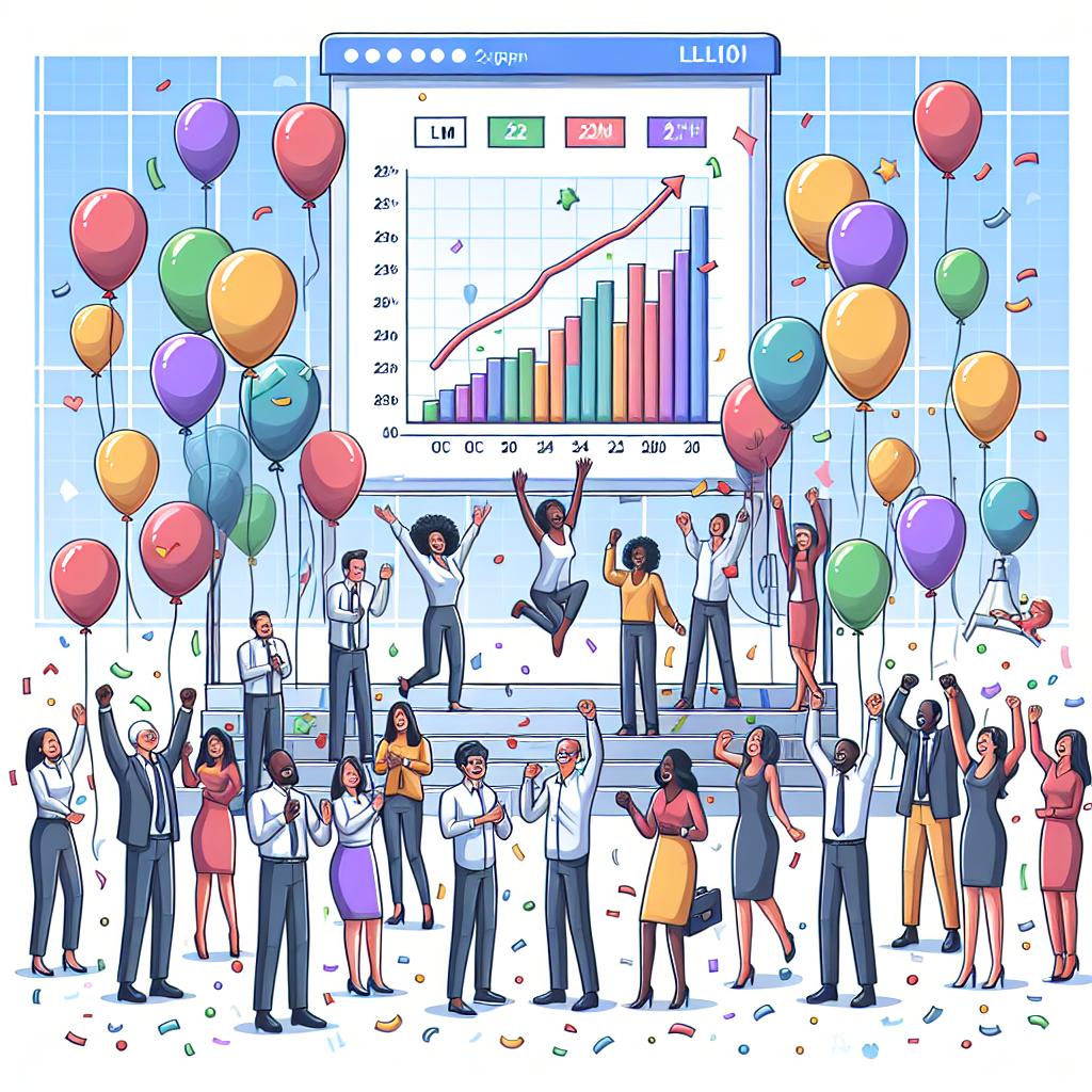 Create a vector-styled, corporate, flat illustration representing the celebration of LangChain's second anniversary on October 24, 2024. Depict a multicultural and diverse group of developers, with different genders and descents, celebrating amidst colorful balloons, symbolizing the community's growth and celebration. In the background, illustrate a screen displaying growth charts of LLM applications, representing the progression of LLM development. Maintain a 2D linear perspective throughout the image, and have a white, texture-free background for a clean, professional look.