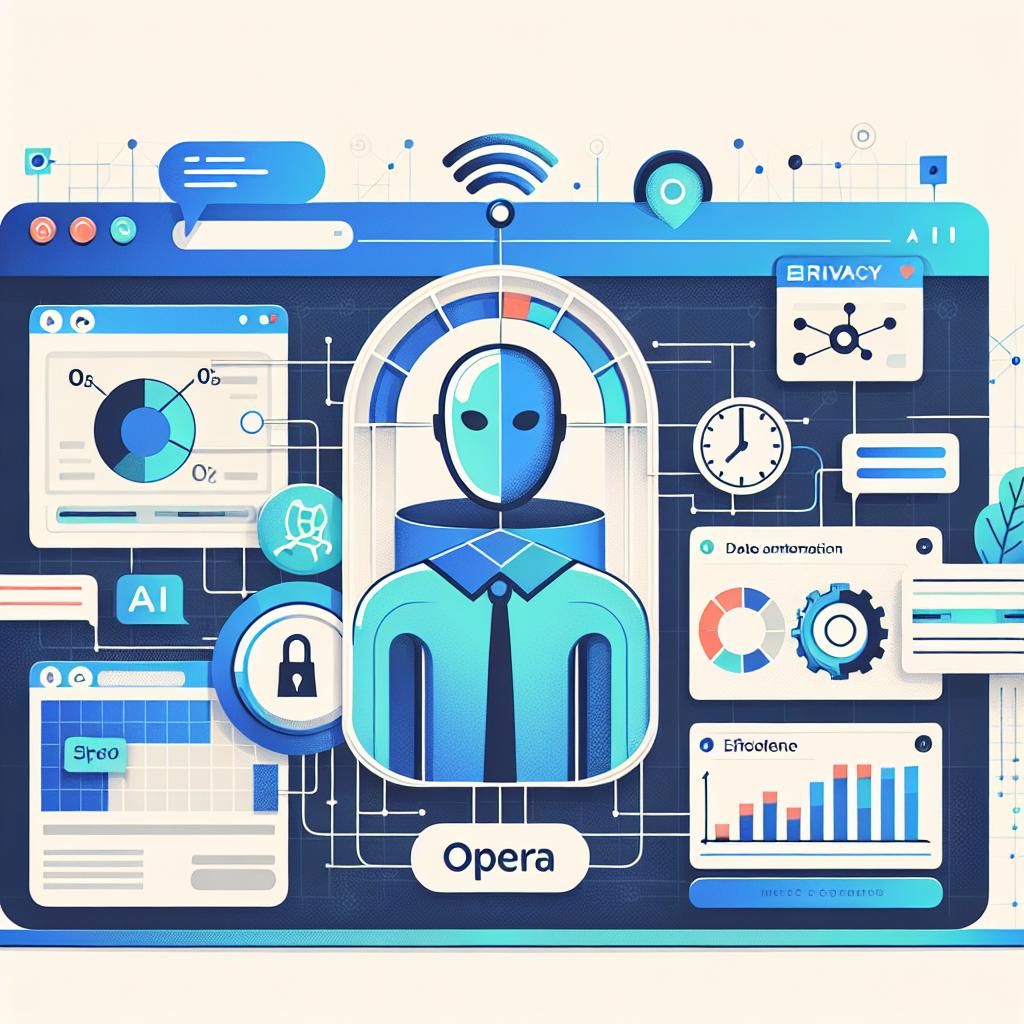 Create a flat, corporate 2D vectorial illustration representing the Browser Operator, an AI agent introduced by Opera on March 3rd, 2025. This agent allows users to automate several tasks directly in their browser, without the need for external tools. Depict a modern browser interface with AI elements interacting on-screen, showing a digital agent automating online tasks like shopping and completing forms. The background should be filled with graphics representing data and privacy, placed on a white, textureless background. Incorporate privacy icons to symbolize user data safety, efficiency graphs to illustrate task automation, and a clock to symbolize time-saving. Use colors blue and green to convey trust and innovation.