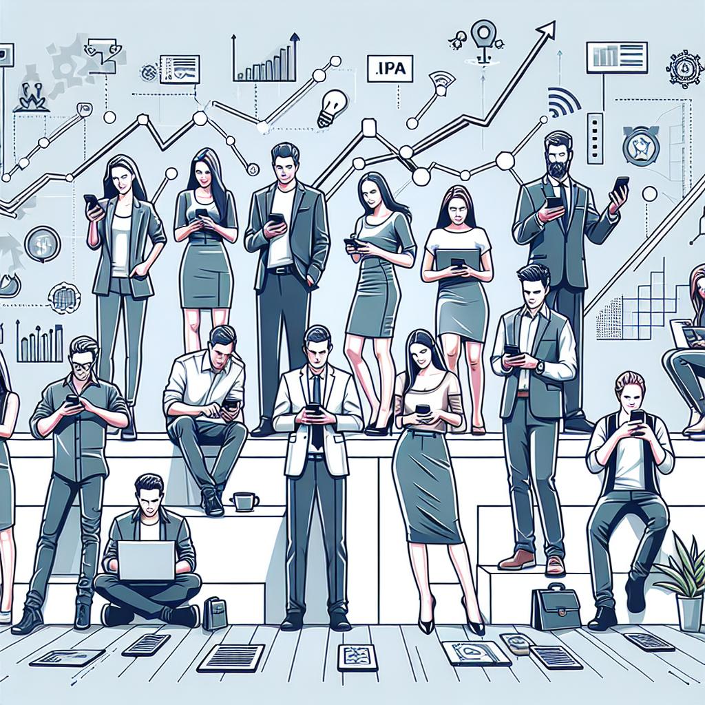 Generate a 2D vector-style linear perspective image symbolic of Generation Z, composed of young people born between 1995 and 2010, who are redefining the professional landscape using Artificial Intelligence as a key tool for developing parallel activities known as 'side hustles'. The picture should include young individuals of various descents such as Caucasian, Hispanic, and Middle-Eastern with an equal balance between male and female professionals. They should be depicted using advanced technology, AI on their smartphones and laptops, developing their 'side hustle' projects. The background should be modern, technological and set in a modern workplace, representing a fresh work dynamic. The image should also display connected gadgets to represent smartphone and PC integration. Incorporate growth graphs to indicate the potential of 'side hustles'. The image should have a white and textureless background.