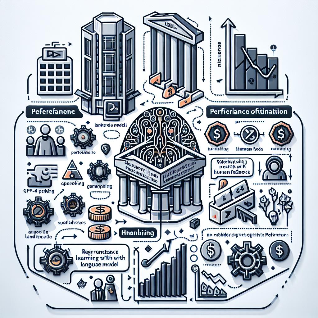 Create a 2D, vector-style illustration on a plain white background. The artwork should revolve around the concept of using preference optimization techniques like Reinforcement Learning with Human Feedback (RLHF) to enhance smaller language model's performance, possibly competing with advanced models like GPT-4, particularly in risk events in banking. Include depictions of performance graphs comparing different fine-tuning techniques. Integrate AI icons symbolizing the language models undergoing optimization. Add a banking setting to emphasize the application of techniques in finance. Remember to incorporate explanatory texts to stress the improvement gained with preference optimization.