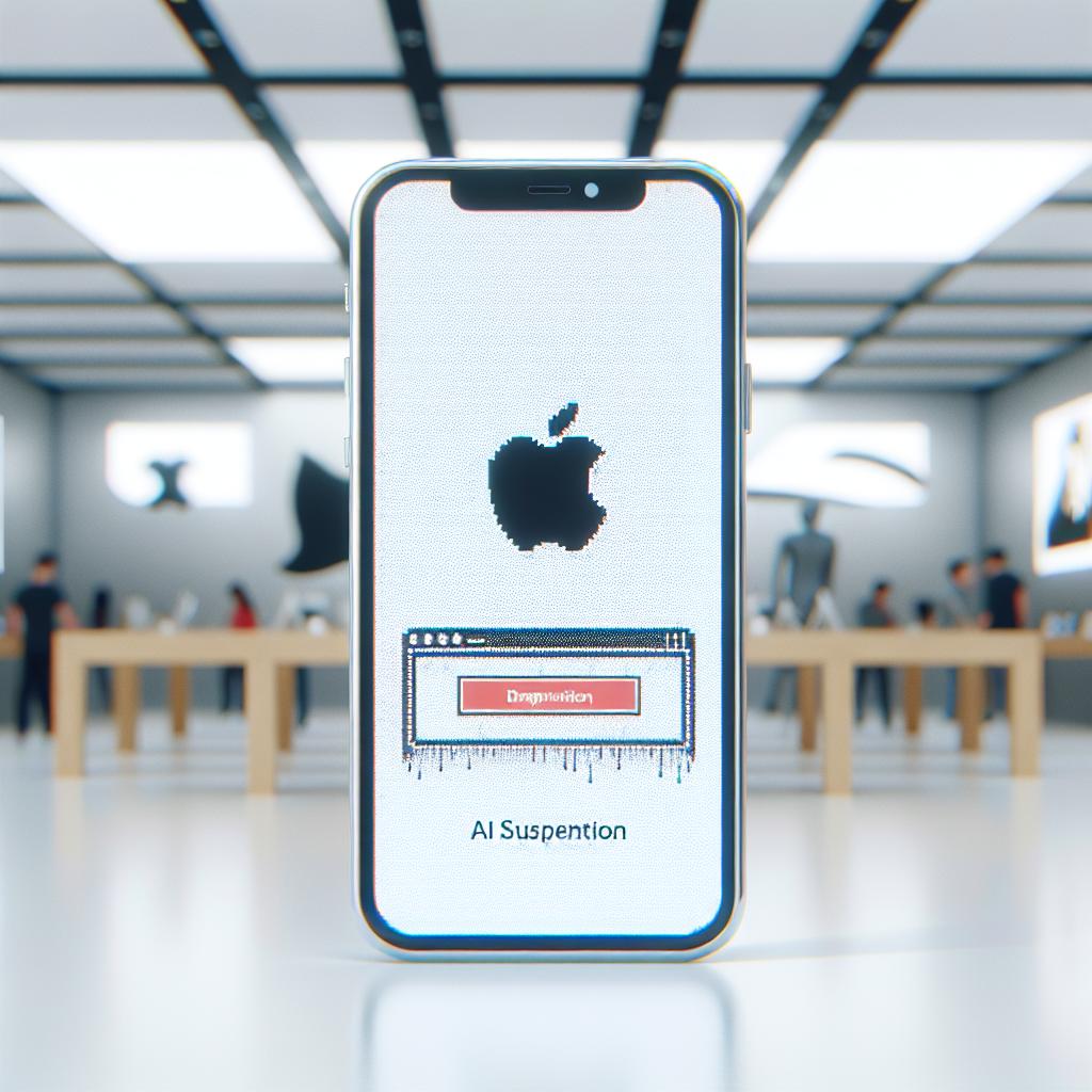 Create a 2D, flat style vector image on a texture-less white background. The image should include an iPhone displaying an error screen in the center, symbolizing the artificial intelligence system's failure. To the left of the iPhone, incorporate an Apple logo to indicate the brand affected by the incident. Also, prominently display the text 'AI Suspension' on the image to emphasize the company's decision. As a subtly blurred background, depict an Apple retail store to set the scene in a retail environment.