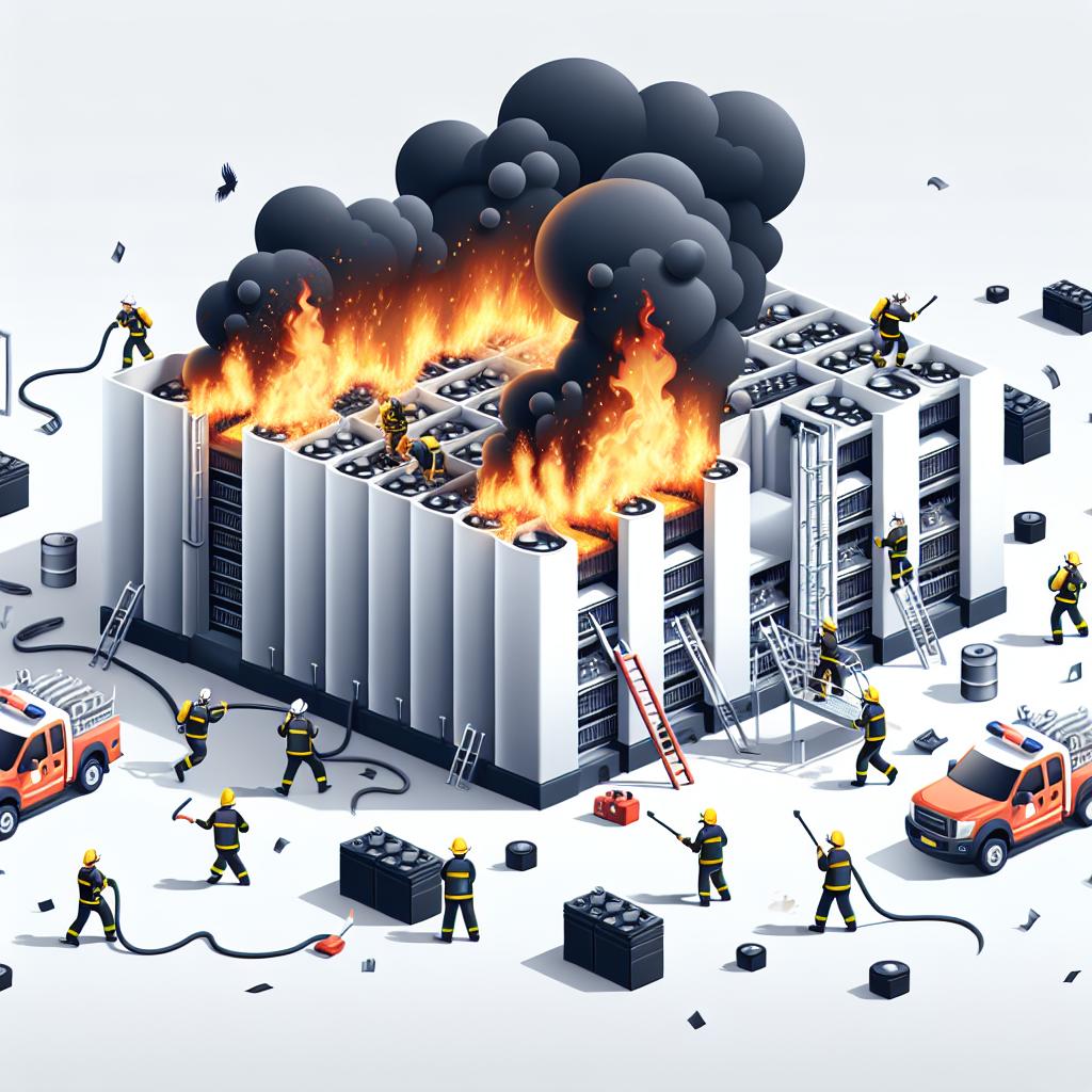 A 2D vector-style image in a flat, corporate style on a white, textureless backdrop. Depict a scene where firefighters and technicians, of various descents and both male and female, grapple with a fire at a lithium-ion battery storage facility, highlighting the complexity and risks involved. Key elements include firefighters in action emphasizing their crucial role, the batteries which are the source of danger, raging flames representing the intensity of the fire, and billowing dense smoke to symbolize the seriousness of the situation.