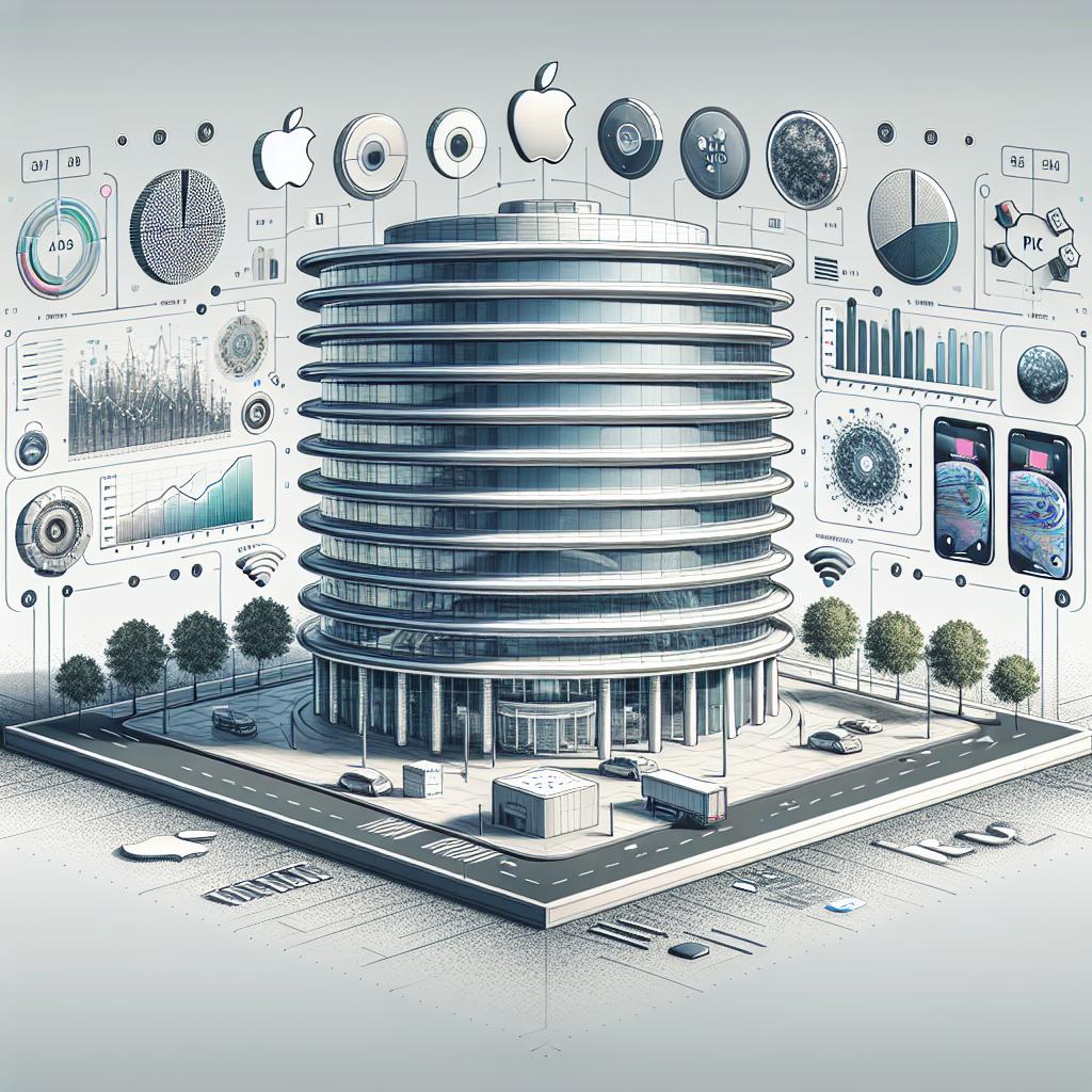 Render a 2D, linear perspective, vector-style illustration set in a corporate, flat design. The image is set against a white, texture-less background. In the center, depict a representation of the Apple corporate headquarters, with its iconic circular design and glass walls, colored predominantly in white and silver to maintain their visual identity. Surrounding the building, include various graphical elements illustrating high sales performance and profit forecasts, such as line graphs, bar charts, and pie charts, subtly interwoven with the architecture. Alongside, show technology icons symbolizing innovations and new products, specifically iPhones and AI-related symbols, to denote the company's focus on these sectors.