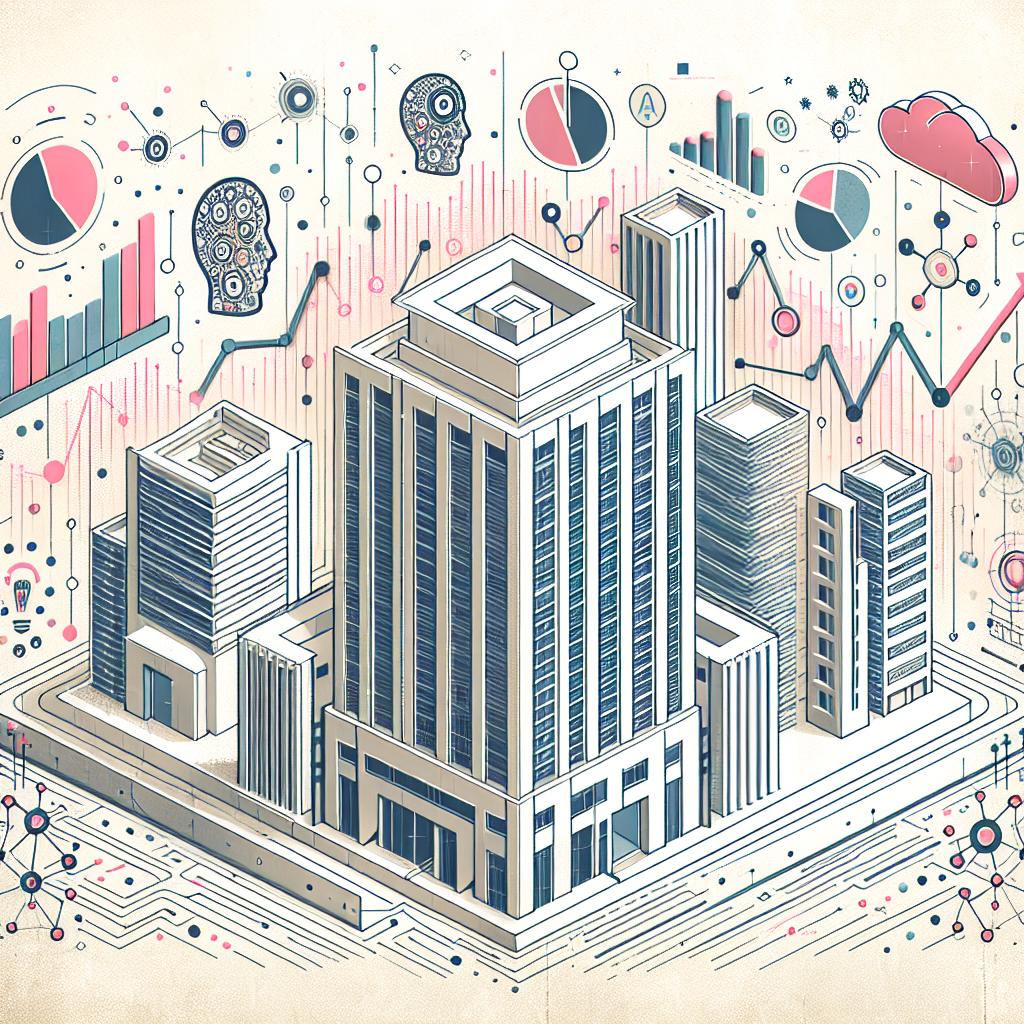 Construct a 2D, linear perspective image with a flat, vector style. The image is set against a white, textureless background. It features the headquarters of an unnamed tech company symbolizing innovations in technology, surrounded by growth charts illustrating rising profits and revenue figures. Additionally, incorporate abstract visual manifestations of artificial intelligence and cloud computing demonstrating the company's swell in the tech and AI industry.