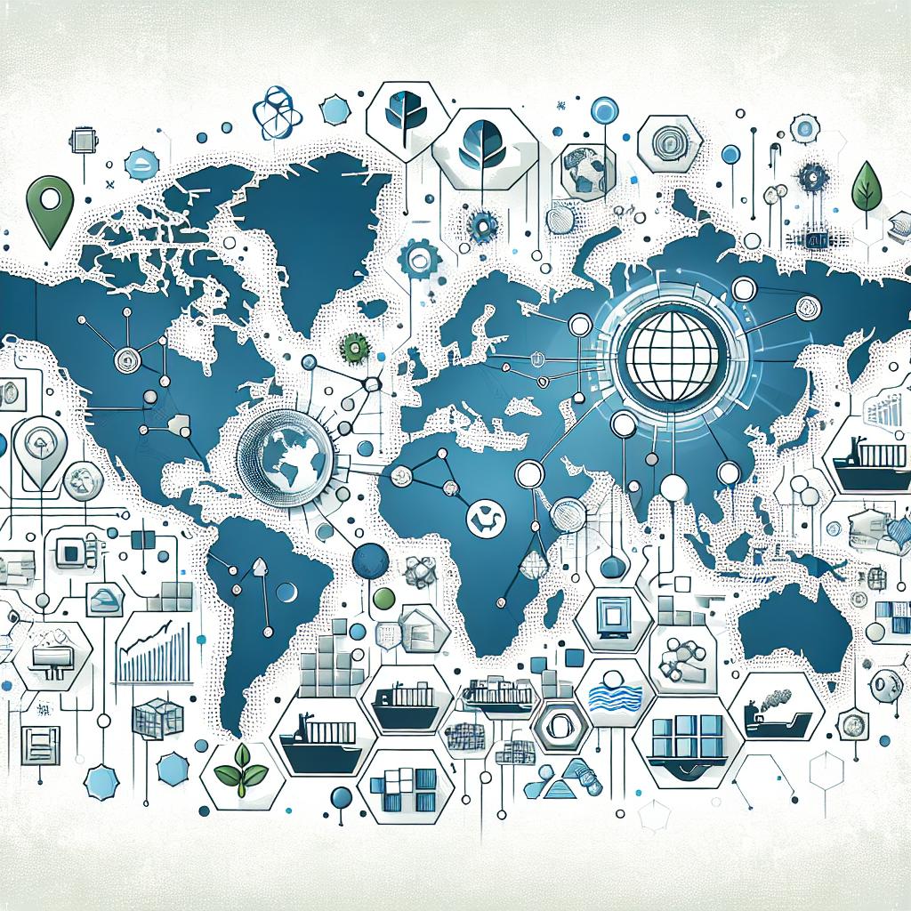 Create a 2D, flat, corporate style image in vectorial design with a white and texture-less background. The main composition includes a world map representing global interconnection. On this map, incorporate technology icons to symbolize innovation. Briefly dispersed around the tech-icons, depict some containers to symbolize international trade. Lastly, visually represent resources like water, trees, minerals, to portray the fight for raw materials. This illustration aims to represent the link between technology and geopolitics, and its potential to shape the long-term outcomes by 2025 on a globally interconnected stage.