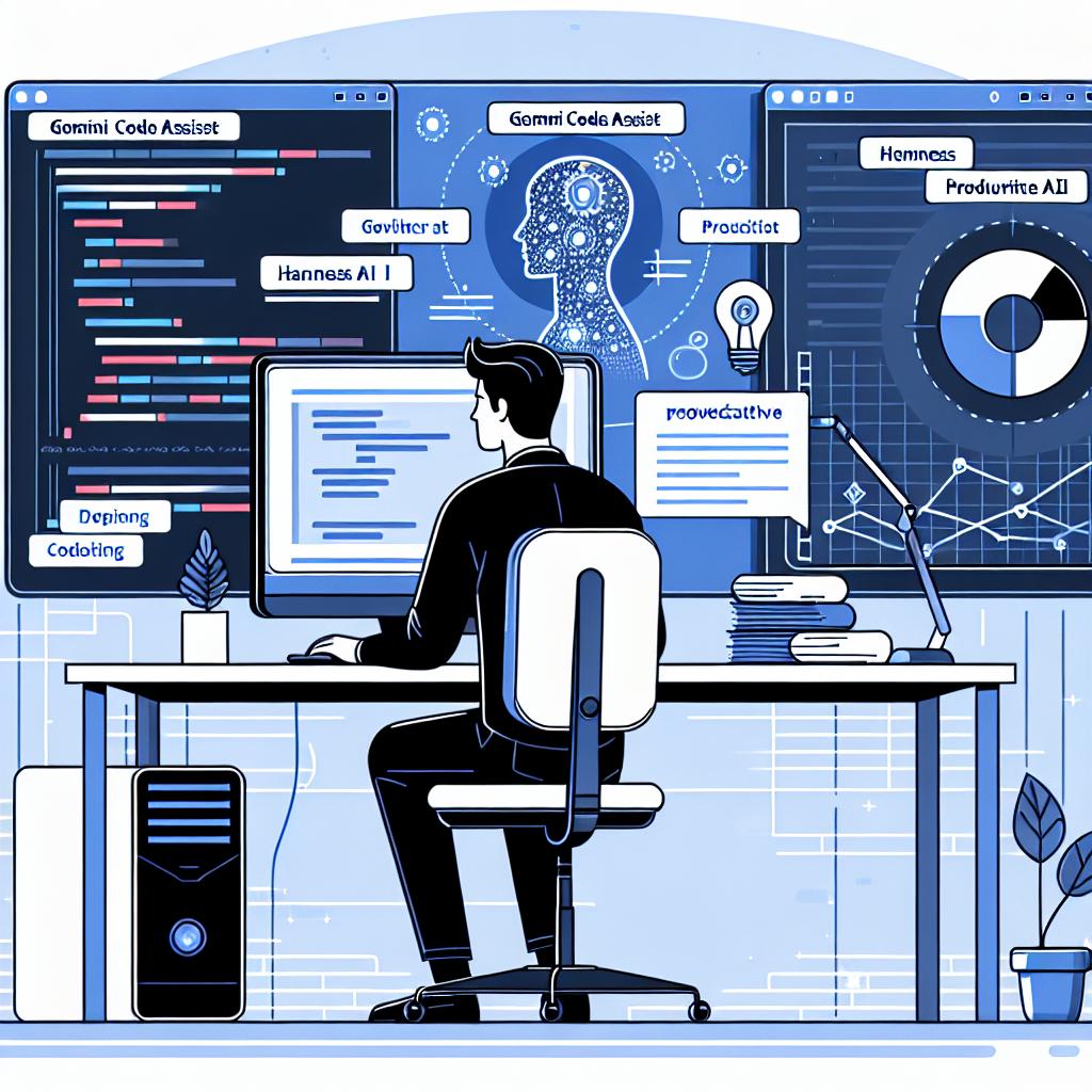 Illustrate a software developer of Middle-Eastern descent, working on a computer, symbolizing the integration between Gemini Code Assist and Harness AI Productivity Insights. Visualize charts and data signifying developer's productivity and the incorporation of AI within software development. Convey the setting as modern and technological, adhering to a flat, vector, corporate style. The background should be a plain white. Render the scene in a 2D, linear perspective. Include additional elements such as a computer representing the developer's workspace and charts symbolizing data analysis and productivity. Utilize modern colors to convey a sensation of innovation and technology.