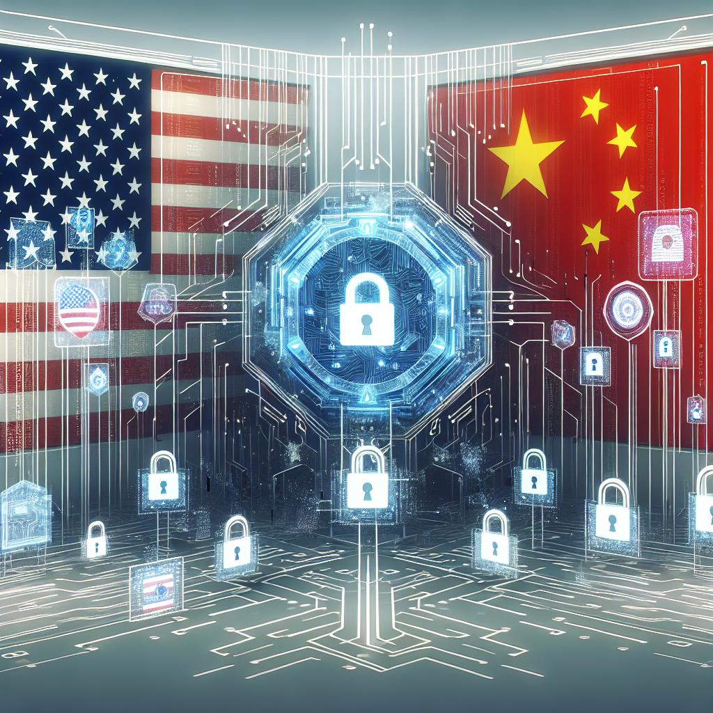 Imagine a digital scenario where the aspect of cybersecurity is highlighted through the presence of elements including locks and privacy symbols, representing data safety and protection. Featured in the backdrop are the flags of the USA and China, not as exact replicate but their graphical representation, symbolizing the geopolitical rivalry in AI technology. The image should be rendered in a flat, corporate, vector-style while keeping a white and untextured background. This scenario is portrayed in a 2D, linear perspective. Additional elements to include are the appearance of digital codes representing innovation in AI.