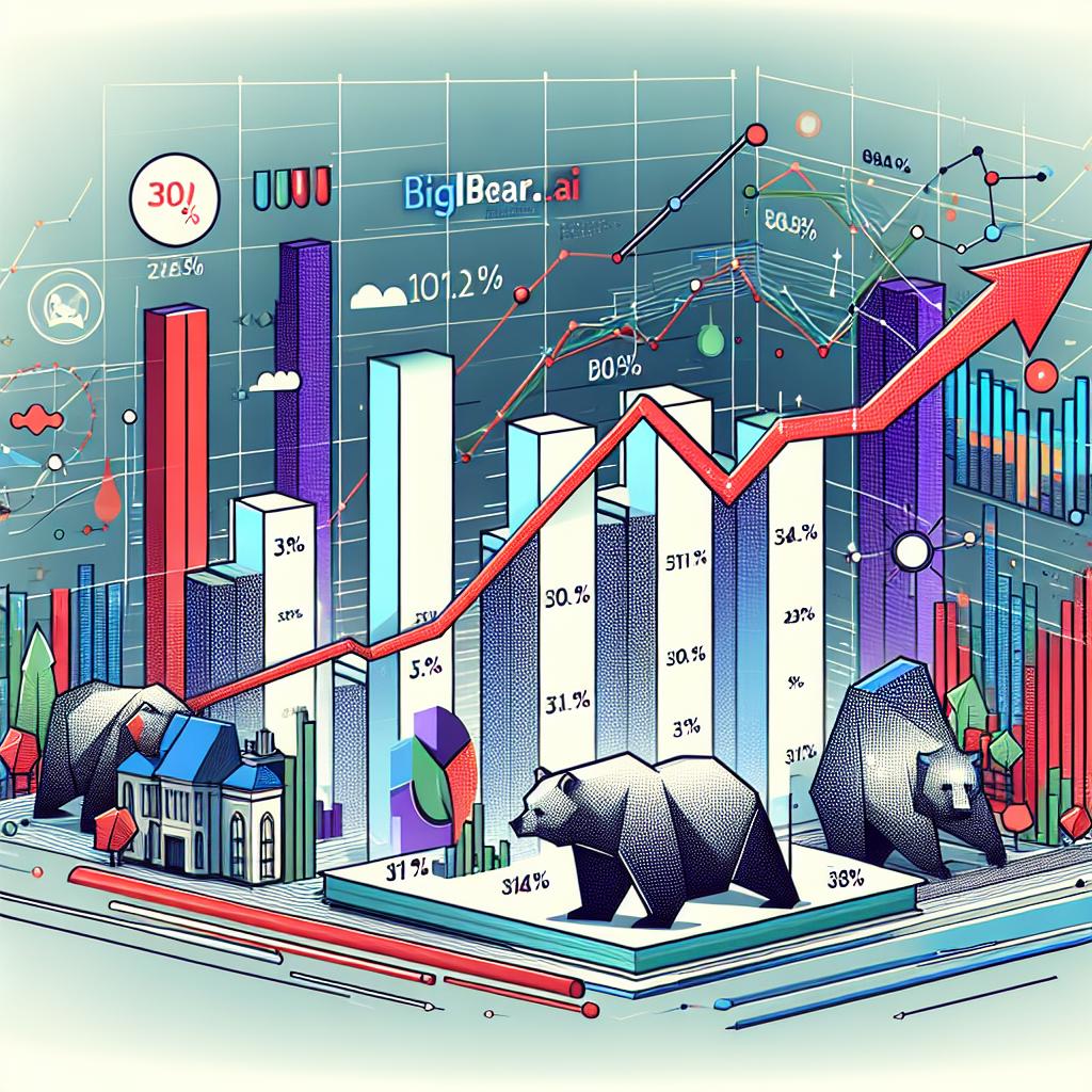 Create a corporate-style image with a flat, vectorial, and 2D linear perspective. The background should be white and texture-free. The central element of this illustration is a display of performance charts indicating the growth of tech sector companies, prominently highlighting BigBear.ai, which has experienced a 31.8% gain, and Ooma. To identify these companies, incorporate their logos into the image. The use of vibrant colors is recommended to draw attention and underline their growth in the industry.