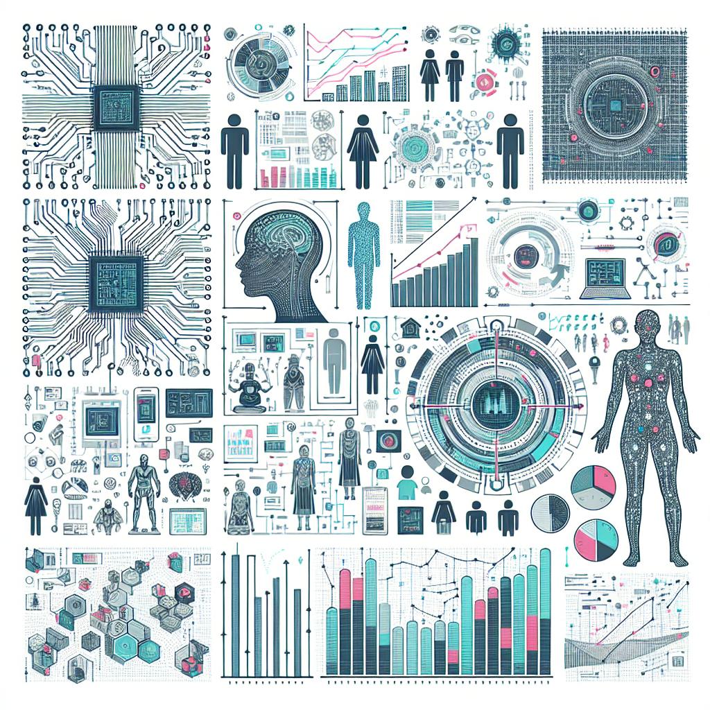 Create a conceptual, corporate-style, flat vector art on a white, non-textured background. The image should depict the evolution of Artificial Intelligence in 2D linear perspective. Show illustrations of circuitry elements to symbolize the complexity of AI technology, bar and line graphs to represent its increasing analytical capabilities. Include imagery of humans from varied descents and gender interacting with futuristic technology to illustrate the man-machine relationship. Also incorporate visual data elements like charts or streams of binary code to emphasize the importance of data sets in AI.