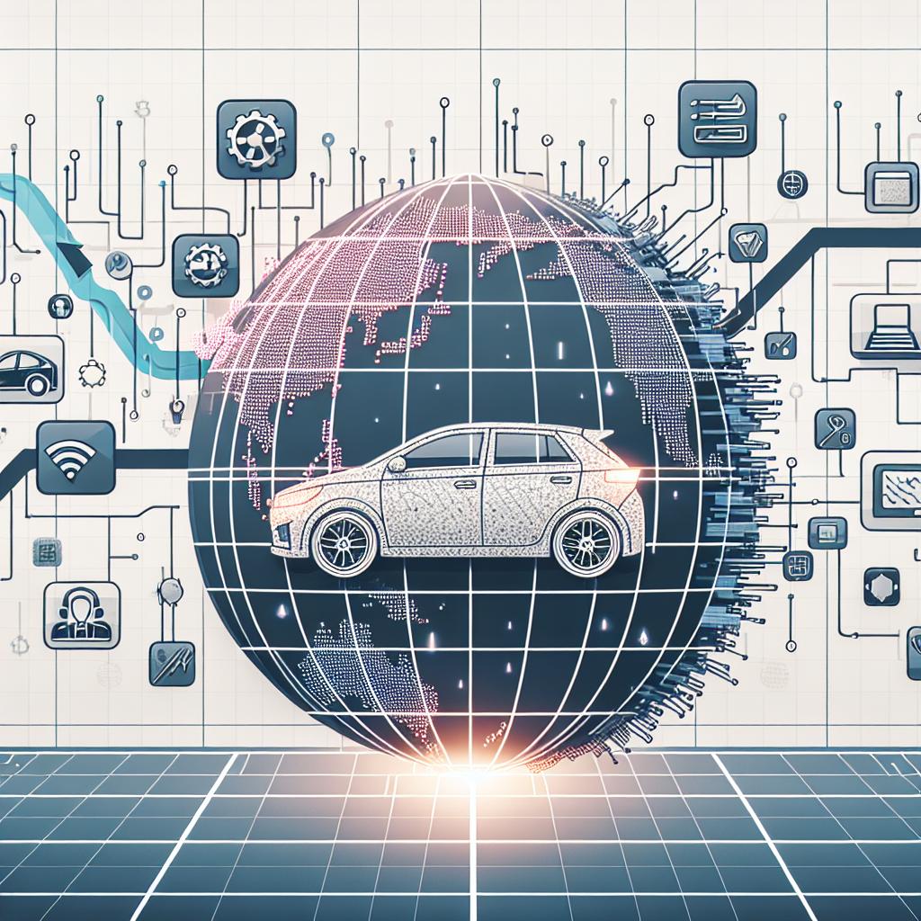 Create a white, textureless background 2D image in flat, corporate vectorial style, depicting the impact of artificial intelligence in the automotive and telecommunications industry in China. Include upward trending graphs showing the growth of technology-related stocks, and technology icons symbolizing the innovations brought about by AI. Also, feature a map of China to underscore the locations of the mentioned businesses, and a connected vehicle highlighting the incorporation of the DeepSeek AI model in the automotive industry.