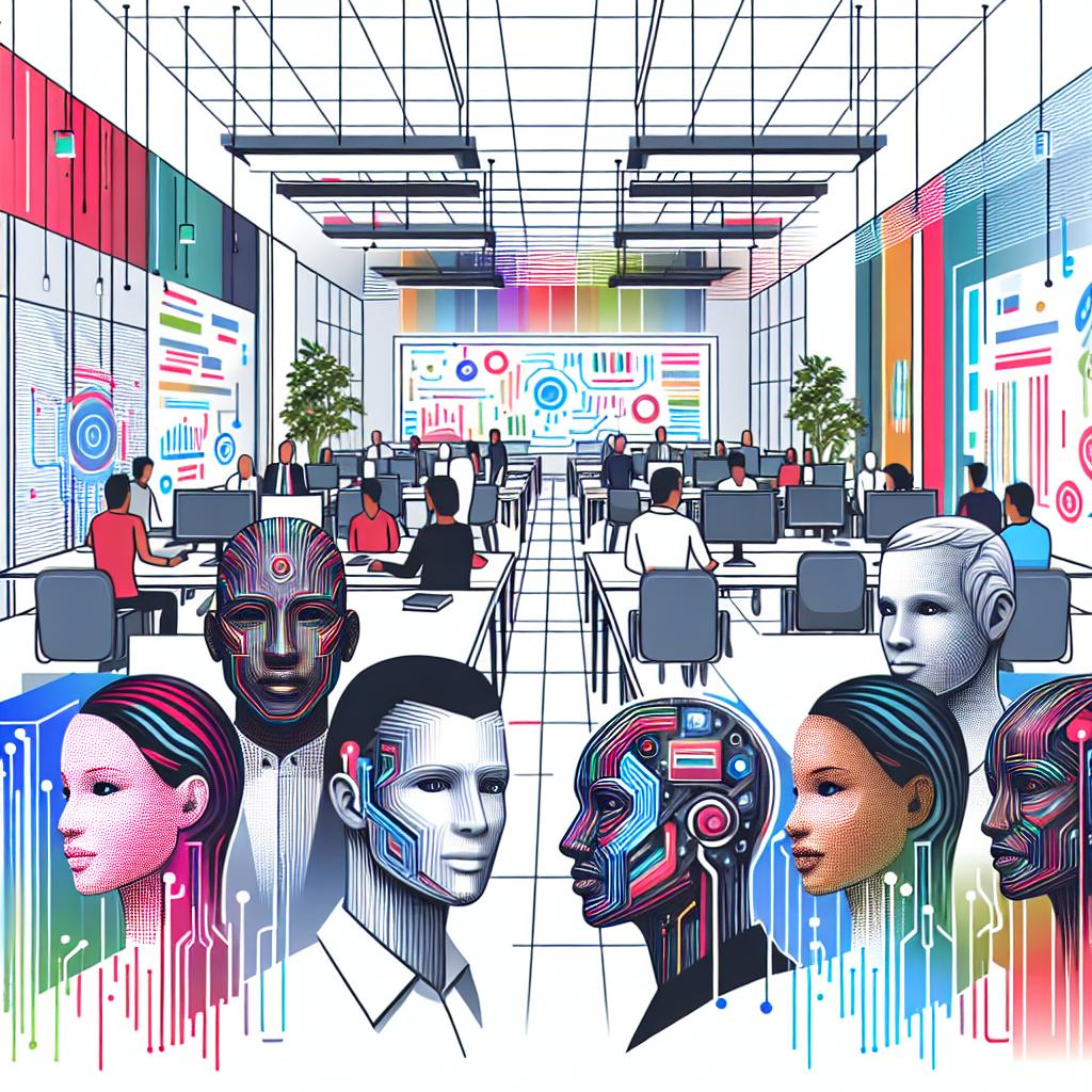A vibrant and flat vector illustration capturing the collaborative spirit of a technology company. The image background is plain white with no texture, and the perspective is linear 2D. This scene illustrates a modern office setting filled with unique digital avatars, symbolizing the innovative technology of the company, such as artificial intelligence. These digital avatars are diverse, comprising of male and female individuals from various descents such as Black, Caucasian, Hispanic, and Asian. The office ambiance showcases the energetic and innovative company culture with vibrant colored accents, symbolizing the dynamism in the tech sector.