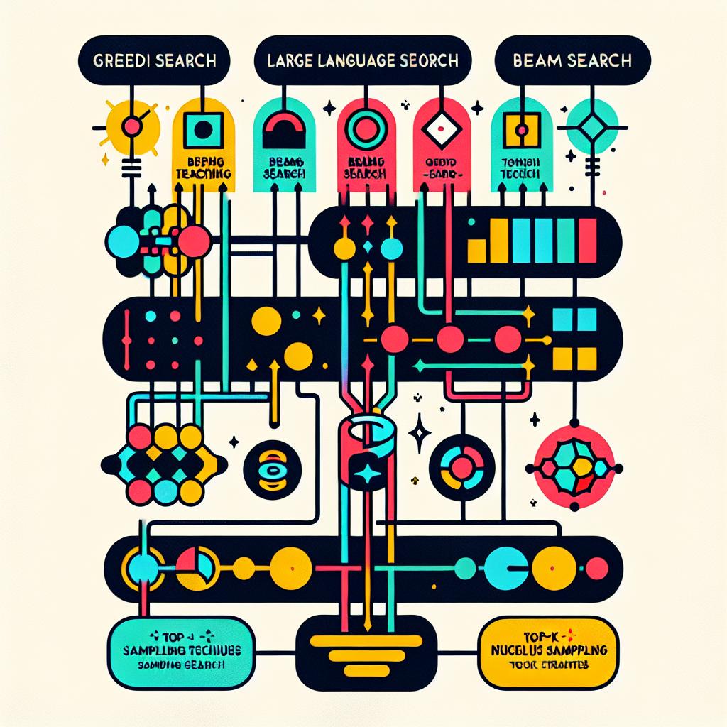 Create a 2D, linear, vector style image with a flat, corporate aesthetic on a white, textureless background. The focal point of the image is a colorful diagram that represents the different decoding strategies used by Large Language Models (LLMs) such as GPT-2. Emphasize strategies often overlooked like greedy search, beam search, and sampling techniques, including top-k and nucleus sampling. Use vibrant colors to symbolize the array of outcomes each technique can produce. Represent each decoding technique with a unique icon to facilitate visual association. Connect the techniques using lines to showcase the relationships among the different methods and their advantages.