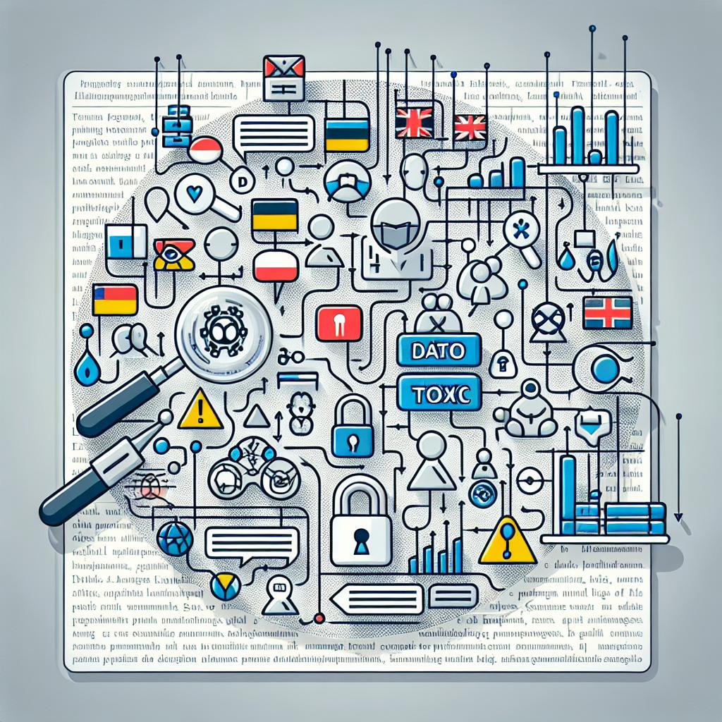 Create a 2D, flat, corporate-style graphic illustration that appears to be drawn in vectors, set against a plain, untextured white background. The image depicts an interaction between various languages, represented by a multitude of flag icons, and the detection of toxic content within these languages. This detection process should be visually communicated by icons of magnifying glasses looking for toxic content and lock symbols signifying data security. Furthermore, there should be charts or graphs to symbolize data analysis. A background layer of historical text represents the sourced data being scrutinized, establishing the context of language models' training data.