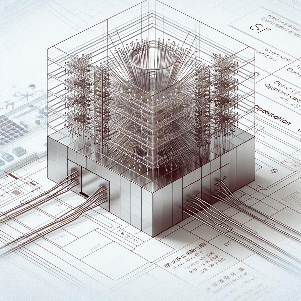 An image in a corporate-style vector art with a flat design. The scene is set in 2D, against a featureless white background. The main focus is on the illustrative representation of the optical quantum computer by Riken, Japan. Emphasize the innovative structure and wires, which are symbolic of breakthroughs in quantum technology. The structure appears metallic, indicating the complexity and innovation within quantum computing. Supplement the image with English and Japanese inscriptions, signifying international collaboration and accessibility. A soft technological overlay on the background hints at an advanced research setting.