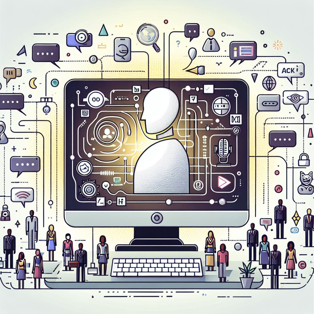Create a 2D, linear illustration in a corporate, flat, vector style. The setting is a modern environment with a white, textureless background. The scene contains a computer representing the technology that simulates human voice, segregating the fusion between technology and human communication. Include various individuals from different descents such as Caucasian, Hispanic, and Black, symbolizing the inclusiveness of communication. Add a brightly lit background suggesting a bright and innovative future. Scatter language icons around the setting to further illustrate the potential for global communication.