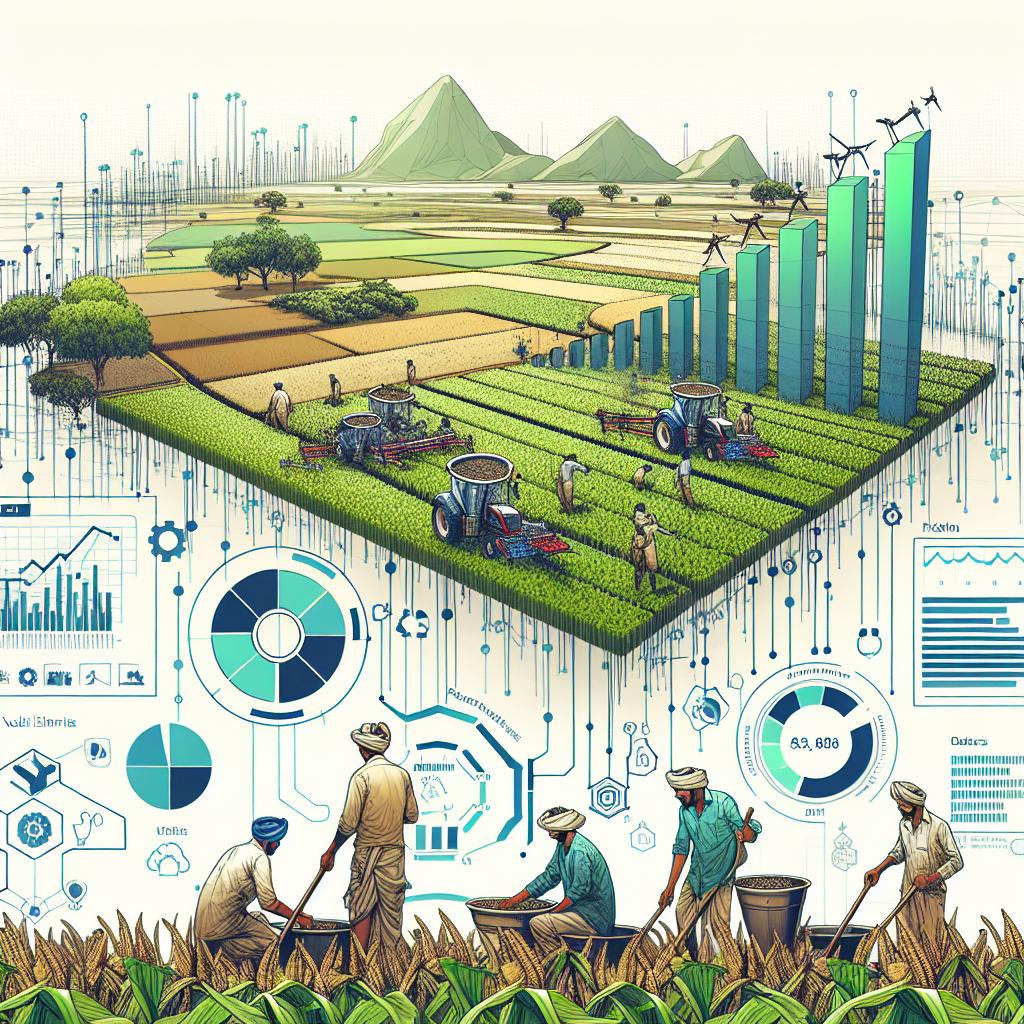 Develop a 2D, linear perspective view of a scene showing South Indian farmers amid fields of green and brown hues, embodying the agricultural workforce. They are using precision technology, striking an image of embracing modern visual elements and innovation. Data charts and infographics are overlapping the scene, symbolising the deployment of Artificial Intelligence. All of this is captured with a vectorial, flat, and corporate style against a plain, white background, replicating the Indian rural environment. Their actions should depict their efforts in optimizing their crop yields and reducing costs against the environmental challenges of water scarcity and climate change.