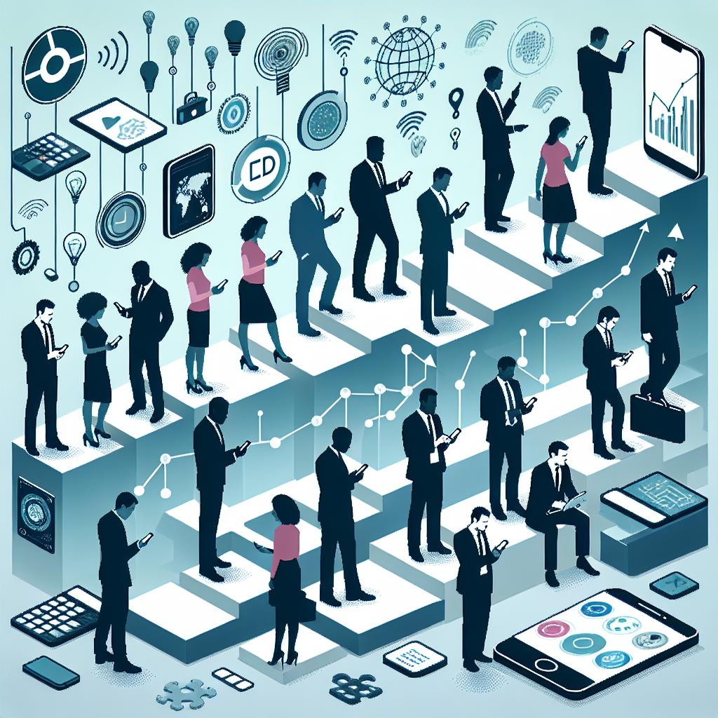 Create a 2D, vector-style image with a flat and corporate aesthetic. The image should be set against a plain, textureless white background. This image will represent the evolution of telecommunications networks. It focuses on individuals interacting with mobile technologies in a futuristic setting. There should be people represented by various descents like Caucasian, Hispanic, Black, Middle-Eastern, South Asian, interacting with smartphones, symbolizing the evolution of mobile data consumption. Add technology icons in the background to symbolize different innovations in telecommunications. Use cold colors to convey a sense of modernity and technological advancement.