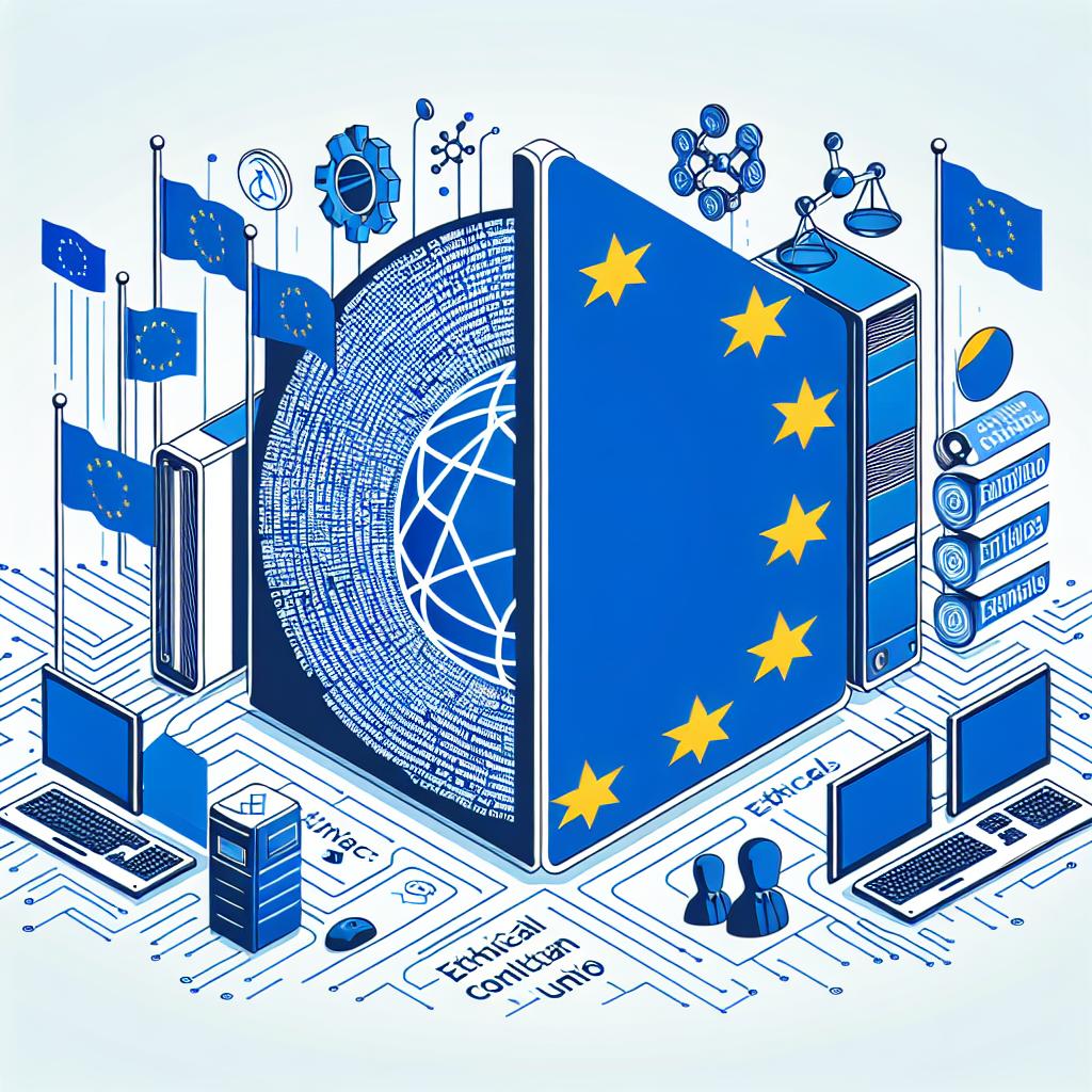 Create a 2D, vector, corporate-style image on a white, texture-less background. The image represents the CERTAIN initiative, funded by the European Union, which aims to promote ethical compliance in artificial intelligence technologies in Europe. The main elements of the picture include the flags of the European Union representing unity and European regulations. Include ethical codes that represent the guidelines that the initiative seeks to establish. Also, add computers illustrating the central technology in the discussion. The design mirrors a flat and linear perspective, with no textures or shadows.