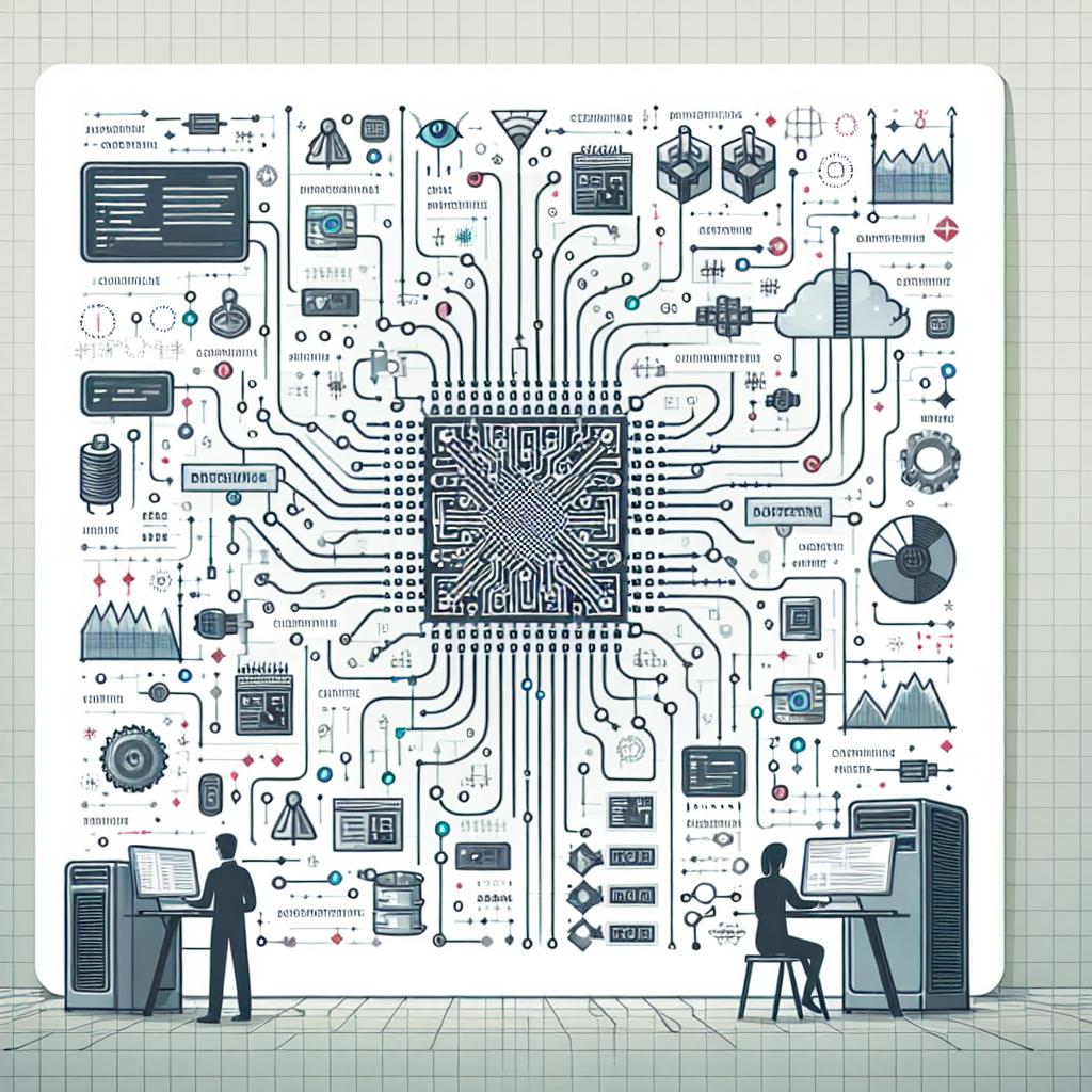 Create a 2D, linear perspective image in a vector-based, flat, corporate style, on a white, untextured background. The illustration should depict the workings of an AI model, showing data flows and decision-making processes with a technological background suggestive of circuits and computing. Include circuitry symbols to signify the complexity of AI, data flows to represent the dynamics of machine learning, and a technological backdrop to emphasize the innovative nature of DeepSeek. Additionally, include characters, possibly developers, analyzing the model.