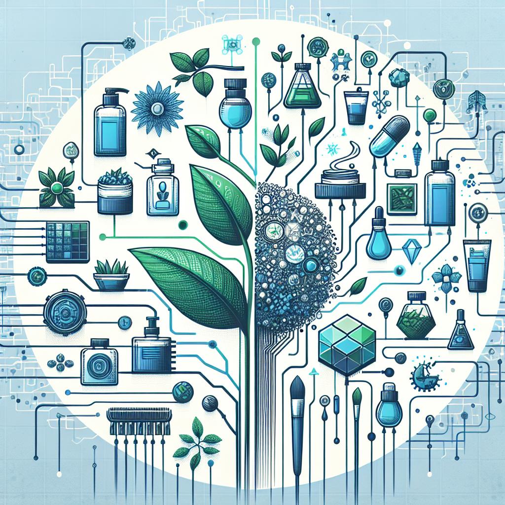 Generate a vector-style, simple and corporate image that represents the collaboration between a cosmetics company and a technology company focused on sustainable innovations. The perspective should be 2D and linear on a white, textureless background. Depict a blend of technology and nature, symbolizing the fusion of beauty and environmental responsibility. Include visuals of cosmetics, artificial intelligence icons, contrasting with images of plants emphasizing the connection with renewable ingredients. Use a soothing textures to convey innovation in the industry. The color palette should consist of blue (to symbolize technology) and green (representing sustainability).