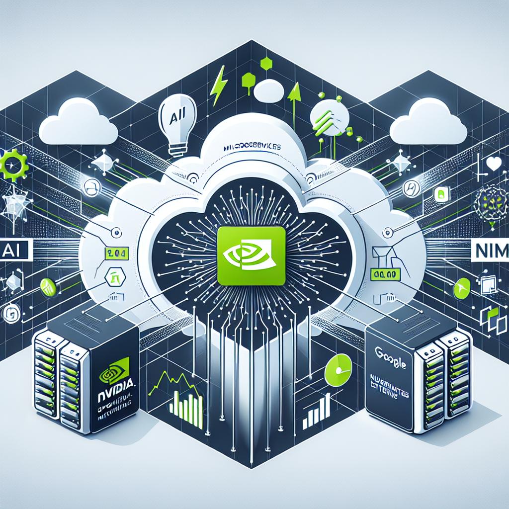 Create a 2D vector-style image with a white, untextured background that represents an integration between NVIDIA NIM's optimized microservices and Google Kubernetes Engine in a digital environment. The image should include symbolic elements of artificial intelligence and cloud technology. Incorporate digital clouds to symbolize cloud computing, rays of light to represent speed and efficiency, AI icons to illustrate a focus on AI, server structures representing the tech infrastructure, and performance charts showing the positive impact on performance. This image communicates the efficiency and speed in executing AI models.