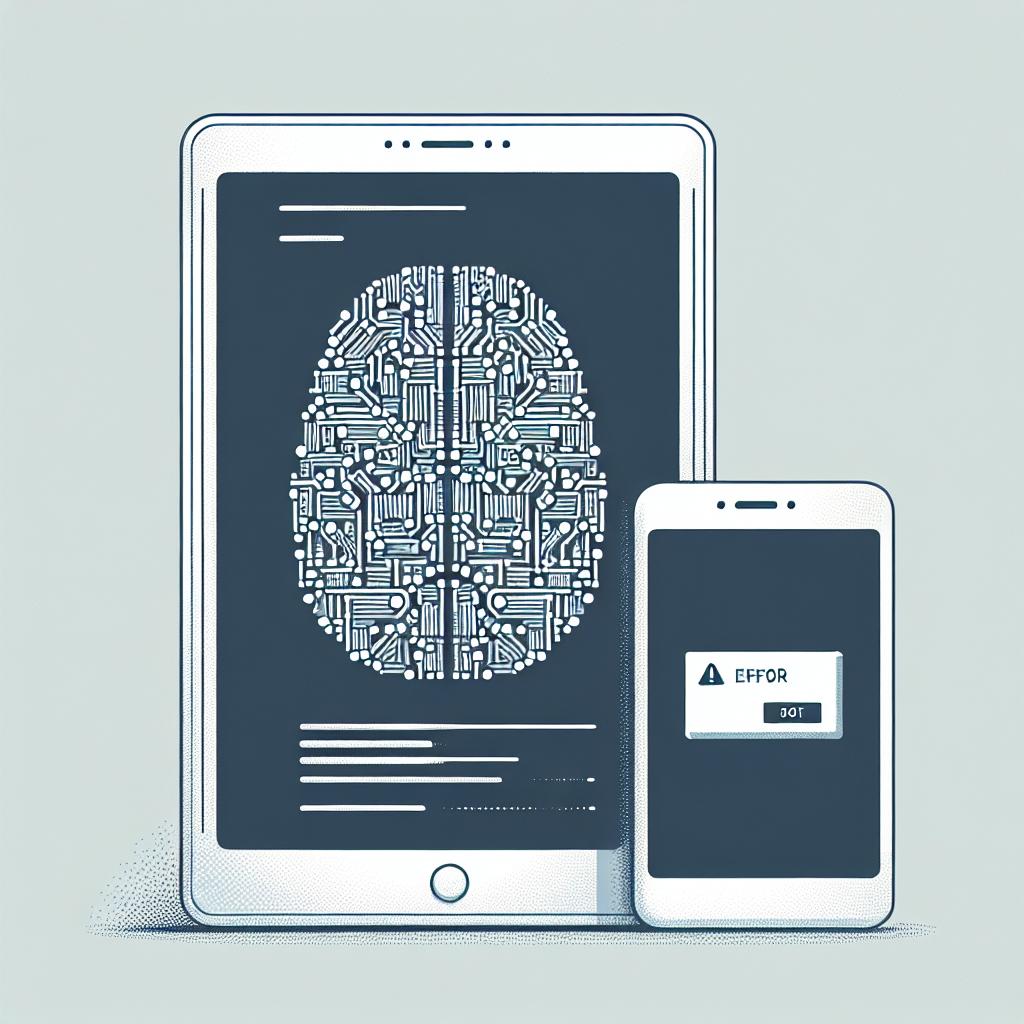 Create a 2D, flat, vector-style digital artwork in a corporate design aesthetic. The image should have a white, texture-less background. In the center of this image, position a digital device, such as a tablet or laptop, which symbolizes the technological focus of the discussed topic. On the screen of this device, display an error icon to signify the unsuccessful attempt to access information about Artificial Intelligence. For the color palette, use neutral tones to underscore the clarity and simplicity of the message.